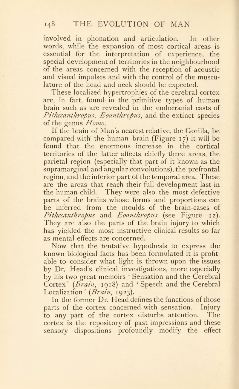 involved in phonation and articulation. In other words, while the expansion of most cortical areas is essential for the interpretation of experience, the special development of territories in the neighbourhood of the areas concerned with the reception of acoustic and visual impulses and with the control of the muscu¬ lature of the head and neck should be expected. These localized hypertrophies of the cerebral cortex are, in fact, found in the primitive types of human brain such as are revealed in the endocranial casts of Pithecanthropus, Eoanthrcpus, and the extinct species of the genus Homo. If the brain of Man’s nearest relative, the Gorilla, be compared with the human brain (Figure 17) it will be found that the enormous increase in the cortical territories of the latter affects chiefly three areas, the parietal region (especially that part of it known as the supramarginal and angular convolutions), the prefrontal region, and the inferior part of the temporal area. These are the areas that reach their full development last in the human child. They were also the most defective parts of the brains whose forms and proportions can be inferred from the moulds of the brain-cases of Pithecanthropus and Eoanthropus (see Figure 12). They are also the parts of the brain injury to which has yielded the most instructive clinical results so far as mental effects are concerned. Now that the tentative hypothesis to express the known biological facts has been formulated it is profit¬ able to consider what light is thrown upon the issues by Dr. Head’s clinical investigations, more especially by his two great memoirs ‘ Sensation and the Cerebral Cortex’ (Brain, 1918) and ‘ Speech and the Cerebral Localization’ (Brain, 1923). In the former Dr. Head defines the functions of those parts of the cortex concerned with sensation. Injury to any part of the cortex disturbs attention. The cortex is the repository of past impressions and these sensory dispositions profoundly modify the effect