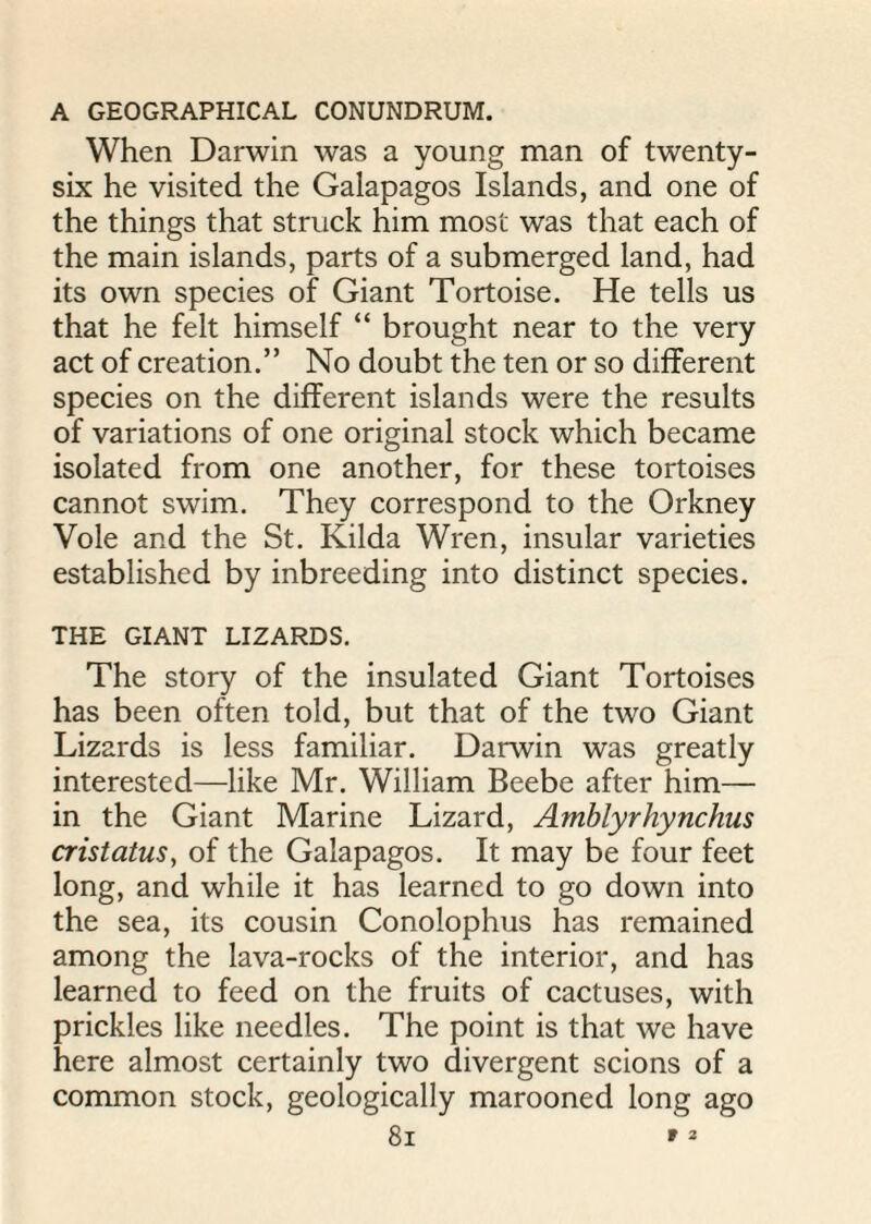 A GEOGRAPHICAL CONUNDRUM. When Darwin was a young man of twenty- six he visited the Galapagos Islands, and one of the things that struck him most was that each of the main islands, parts of a submerged land, had its own species of Giant Tortoise. He tells us that he felt himself “ brought near to the very act of creation.” No doubt the ten or so different species on the different islands were the results of variations of one original stock which became isolated from one another, for these tortoises cannot swim. They correspond to the Orkney Vole and the St. Ivilda Wren, insular varieties established by inbreeding into distinct species. THE GIANT LIZARDS. The story of the insulated Giant Tortoises has been often told, but that of the two Giant Lizards is less familiar. Darwin was greatly interested—like Mr. William Beebe after him— in the Giant Marine Lizard, Amblyrhynchus cristatus, of the Galapagos. It may be four feet long, and while it has learned to go down into the sea, its cousin Conolophus has remained among the lava-rocks of the interior, and has learned to feed on the fruits of cactuses, with prickles like needles. The point is that we have here almost certainly two divergent scions of a common stock, geologically marooned long ago