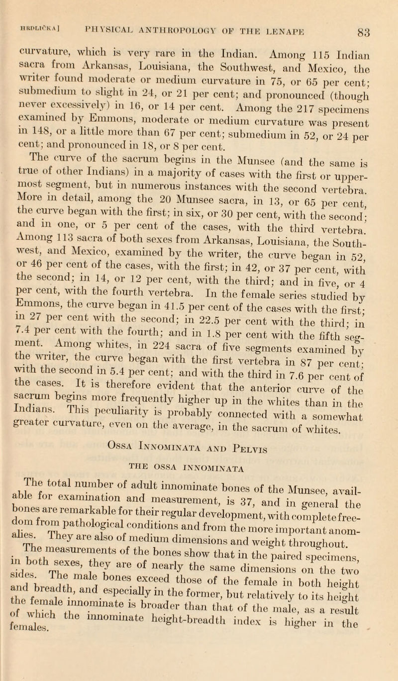 83 ciu-vature, which is very rare in the Indian. Among 115 Indian sacra from Arkansas, Louisiana, the Southwest, and Mexico, the writer found moderate or medium curvature in 75, or 65 per cent; submedium to slight in 24, or 21 per cent; and pronounced (though never excessively) in 16, or 14 per cent. Among the 217 specimens examined by Emmons, moderate or medium curvature was present m 148, or a little more than 67 per cent; submedium in 52, or 24 per cent; and pronounced in 18, or 8 per cent. The curve of the sacrum begins in the Munsee (and the same is true of other Indians) in a majority of cases with the first or upper¬ most segment, but in numerous instances with the second vertebra. More in detail, among the 20 Munsee sacra, in 13, or 65 per cent the curve began with the first; in slx, or 30 per cent, with the second’ and in one, or 5 per cent of the cases, with the third vertebra. Among 113 sacra of both sexes from Arkansas, Louisiana, the South¬ west, and Mexico, examined by the writer, the curve began in 52 or 46 per cent of the cases, with the first; in 42, or 37 per cent with the second; in 14, or 12 per cent, with the third; and in five’ or 4 per cent, with the fourth vertebra. In the female series studied by Emmons, the curve began in 41.5 per cent of the cases with the first- m 2i per cent with the second; in 22.5 per cent with the third- in ‘ ‘4 Per cent Wlth the fourth; and in 1.8 per cent with the fifth seg¬ ment. Among whites, in 224 sacra of five segments examined by the writer, the curve began with the first vertebra in 87 per cent- with the second m 5.4 per cent; and with the third in 7.6 per cent of the cases. It is therefore evident that the anterior curve of the sacTum begins more frequently higher up in the whites than in the Indians. Tins peculiarity is probably connected with a somewhat greatei curvature, even on the average, in the sacrum of whites. Ossa Innominata and Pelvis the ossa innominata The total number of adult innominate bones of the Munsee, avail- . > e for examination and measurement, is 37, and in general the bones are remarkable for their regular development, with complete free¬ dom from pathological conditions and from the more import.!,, t anom- ~ They are als0 of medium dimensions and weight throughout in bmh sTUre°f thr bones show that in the paired specimens, des The ’ 7 ^ °f nearly the «• dimensions on the two and breldth d ^ ?(°eed th°Se of tho fomale ia both height and breadth, and especially the former, but relatively to its height of wh7ch etr°minate “ bTdCr th“ that «*f ‘be mafe, as a JuJ females^1 llmommate height-breadth index is higher in the