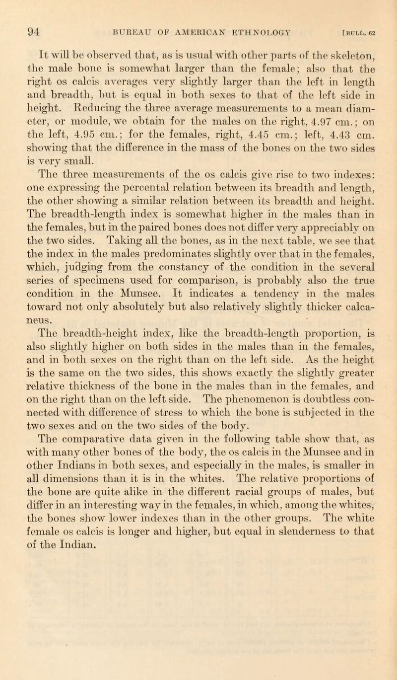 It will bo observed that, as is usual with other parts of the skeleton, the male bone is somewhat larger than the female; also that the right os calcis averages very slightly larger than the left in length and breadth, but is equal in both sexes to that of the left side in height. Reducing the three average measurements to a mean diam¬ eter, or module, we obtain for the males on the right, 4.97 cm.; on the left, 4.95 cm.; for the females, right, 4.45 cm.; left, 4.43 cm. showing that the difference in the mass of the bones on the two sides is very small. The three measurements of the os calcis give rise to two indexes: one expressing the percental relation between its breadth and length, the other showing a similar relation between its breadth and height. The breadth-length index is somewhat higher in the males than in the females, but in the paired bones does not differ very appreciably on the two sides. Taking all the bones, as in the next table, we see that the index in the males predominates slightly over that in the females, which, judging from the constancy of the condition in the several series of specimens used for comparison, is probably also the true condition in the Munsee. It indicates a tendency in the males toward not only absolutely but also relatively slightly thicker calca¬ neus. The breadth-height index, like the breadth-length proportion, is also slightly higher on both sides in the males than in the females, and in both sexes on the right than on the left side. As the height is the same on the two sides, this shows exactly the slightly greater relative thickness of the bone in the males than in the females, and on the right than on the left side. The phenomenon is doubtless con¬ nected with difference of stress to which the bone is subjected in the two sexes and on the two sides of the body. The comparative data given in the following table show that, as with many other bones of the body, the os calcis in the Munsee and in other Indians in both sexes, and especially in the males, is smaller in all dimensions than it is in the whites. The relative proportions of the bone are quite alike in the different racial groups of males, but differ in an interesting way in the females, in which, among the whites, the bones show lower indexes than in the other groups. The white female os calcis is longer and higher, but equal in slenderness to that of the Indian.