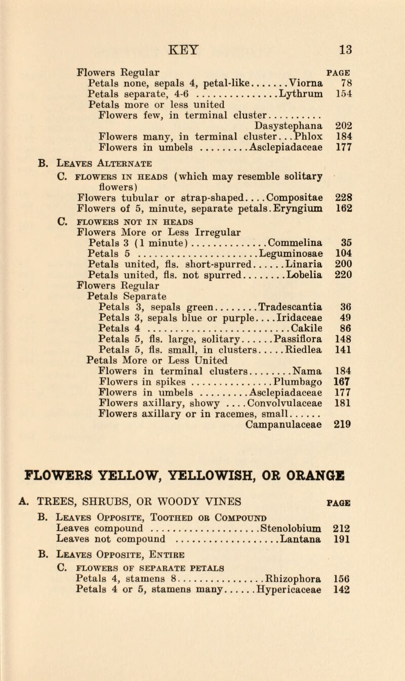 Flowers Regular page Petals none, sepals 4, petal-like.Viorna 78 Petals separate, 4-6 .Lythrum 154 Petals more or less united Flowers few, in terminal cluster. Dasystephana 202 Flowers many, in terminal cluster... Phlox 184 Flowers in umbels .Asclepiadaceae 177 B. Leaves Alternate C. flowers in heads (which may resemble solitary flowers) Flowers tubular or strap-shaped... .Compositae 228 Flowers of 5, minute, separate petals.Eryngium 162 C. flowers not in heads Flowers More or Less Irregular Petals 3 (1 minute).Commelina 35 Petals 5 .Leguminosae 104 Petals united, fls. short-spurred.Linaria 200 Petals united, fls. not spurred.Lobelia 220 Flowers Regular Petals Separate Petals 3, sepals green.Tradescantia 36 Petals 3, sepals blue or purple... .Iridaceae 49 Petals 4 .Cakile 86 Petals 5, fls. large, solitary.Passiflora 148 Petals 5, fls. small, in clusters.Riedlea 141 Petals More or Less United Flowers in terminal clusters.Nama 184 Flowers in spikes.Plumbago 167 Flowers in umbels .Asclepiadaceae 177 Flowers axillary, showy .... Convolvulaceae 181 Flowers axillary or in racemes, small. Campanulaceae 219 FLOWERS YELLOW, YELLOWISH, OR ORANGE A. TREES, SHRUBS, OR WOODY VINES page B. Leaves Opposite, Toothed or Compound Leaves compound .Stenolobium 212 Leaves not compound .Lantana 191 B. Leaves Opposite, Entire C. flowers of separate petals Petals 4, stamens 8.Rhizopliora 156 Petals 4 or 5, stamens many.Hypericaceae 142