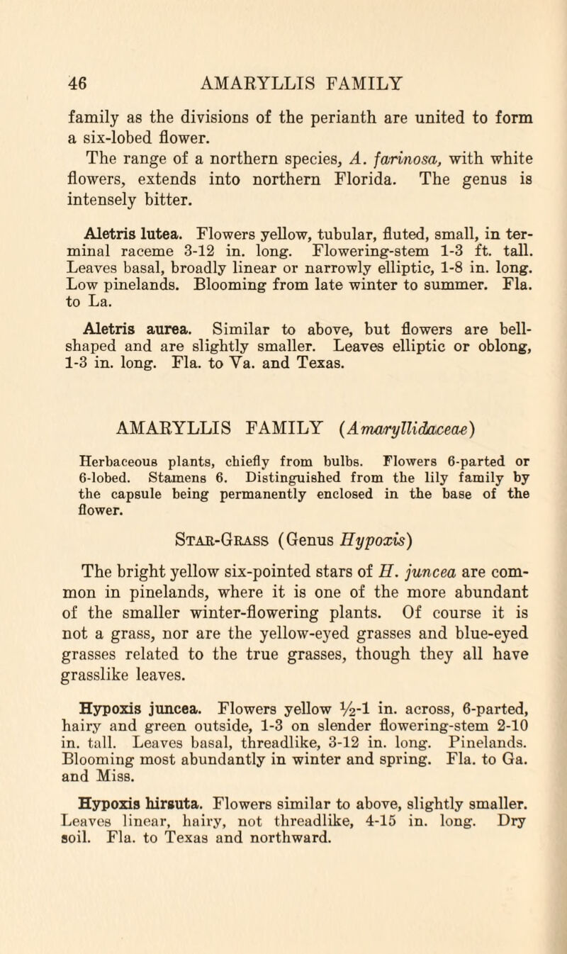 family as the divisions of the perianth are united to form a six-lobed flower. The range of a northern species, A. farmosa, with white flowers, extends into northern Florida. The genus is intensely bitter. Aletris lutea. Flowers yellow, tubular, fluted, small, in ter¬ minal raceme 3-12 in. long. Flowering-stem 1-3 ft. tall. Leaves basal, broadly linear or narrowly elliptic, 1-8 in. long. Low pinelands. Blooming from late winter to summer. Fla. to La. Aletris aurea. Similar to above, but flowers are bell¬ shaped and are slightly smaller. Leaves elliptic or oblong, 1-3 in. long. Fla. to Ya. and Texas. AMARYLLIS FAMILY (AmwryUidaceae) Herbaceous plants, chiefly from bulbs. Flowers 6-parted or 6-lobed. Stamens 6. Distinguished from the lily family by the capsule being permanently enclosed in the base of the flower. S tar-Grass (Genus Hypoxis) The bright yellow six-pointed stars of H. juncea are com¬ mon in pinelands, where it is one of the more abundant of the smaller winter-flowering plants. Of course it is not a grass, nor are the yellow-eyed grasses and blue-eyed grasses related to the true grasses, though they all have grasslike leaves. Hypoxis juncea. Flowers yellow Vfc-1 in. across, 6-parted, hairy and green outside, 1-3 on slender flowering-stem 2-10 in. tall. Leaves basal, threadlike, 3-12 in. long. Pinelands. Blooming most abundantly in winter and spring. Fla. to Ga. and Miss. Hypoxis hirsuta. Flowers similar to above, slightly smaller. Leaves linear, hairy, not threadlike, 4-15 in. long. Dry soil. Fla. to Texas and northward.
