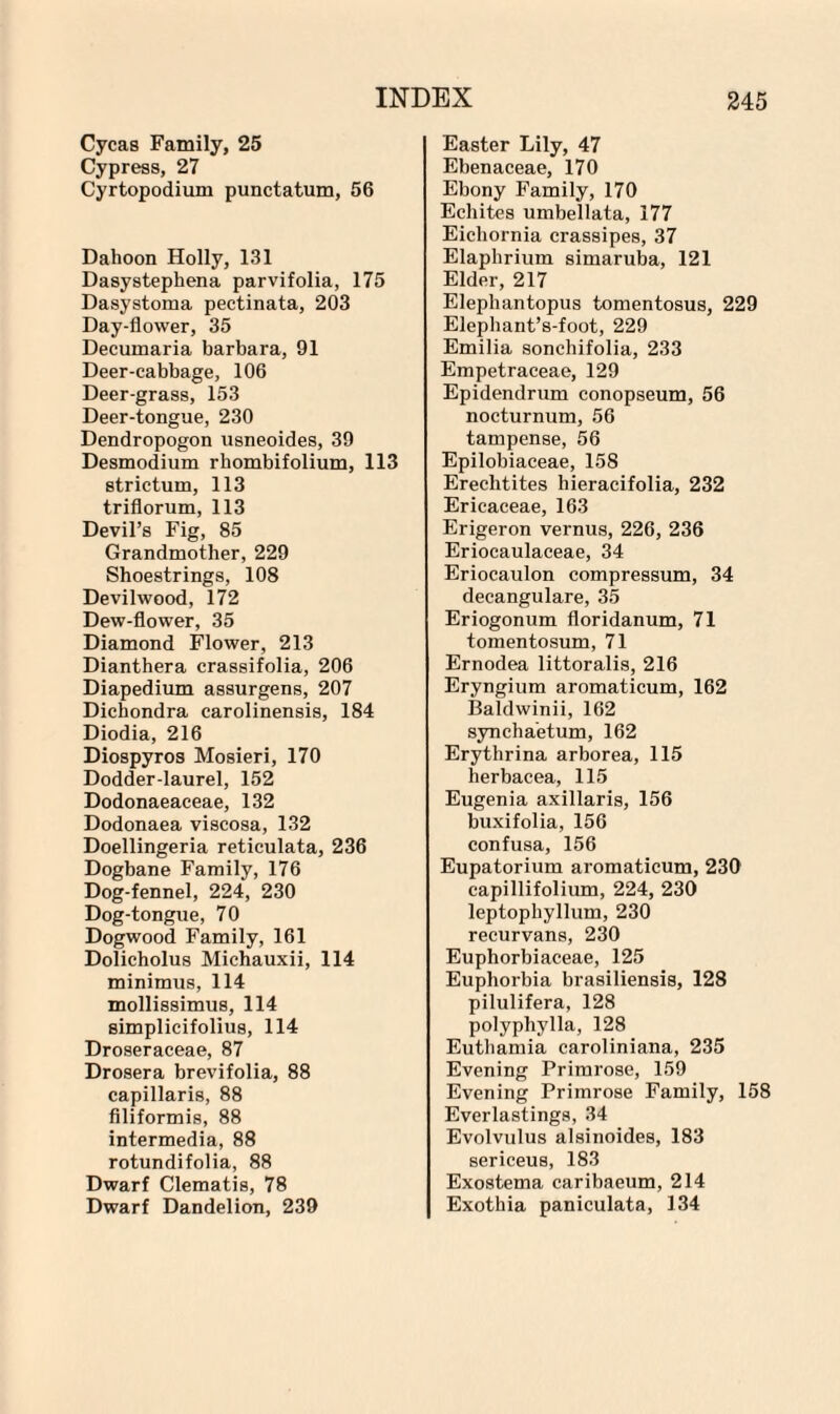 Cycas Family, 25 Cypress, 27 Cyrtopodium punctatum, 56 Dahoon Holly, 131 Dasystephena parvifolia, 175 Dasystoma pectinata, 203 Day-flower, 35 Decumaria barbara, 91 Deer-cabbage, 106 Deer-grass, 153 Deer-tongue, 230 Dendropogon usneoides, 39 Desmodium rhombifolium, 113 strictum, 113 triflorum, 113 Devil’s Fig, 85 Grandmother, 229 Shoestrings, 108 Devilwood, 172 Dew-flower, 35 Diamond Flower, 213 Dianthera crassifolia, 206 Diapedium assurgens, 207 Dichondra carolinensis, 184 Diodia, 216 Diospyros Mosieri, 170 Dodder-laurel, 152 Dodonaeaceae, 132 Dodonaea viscosa, 132 Doellingeria reticulata, 236 Dogbane Family, 176 Dog-fennel, 224, 230 Dog-tongue, 70 Dogwood Family, 161 Dolicholus Michauxii, 114 minimus, 114 mollissimus, 114 simplicifolius, 114 Droseraceae, 87 Drosera brevifolia, 88 capillaris, 88 filiformis, 88 intermedia, 88 rotundifolia, 88 Dwarf Clematis, 78 Dwarf Dandelion, 239 Easter Lily, 47 Ebenaceae, 170 Ebony Family, 170 Echites umbellata, 177 Eichornia crassipes, 37 Elaplirium simaruba, 121 Elder, 217 Elephantopus tomentosus, 229 Elephant’s-foot, 229 Emilia sonchifolia, 233 Empetraceae, 129 Epidendrum conopseum, 56 nocturnum, 56 tampense, 56 Epilobiaceae, 158 Ereclitites hieracifolia, 232 Ericaceae, 163 Erigeron vernus, 226, 236 Eriocaulaceae, 34 Eriocaulon compressum, 34 decangulare, 35 Eriogonum floridanum, 71 tomentosum, 71 Ernodea littoralis, 216 Eryngium aromaticum, 162 Baldwinii, 162 syncha'etum, 162 Erythrina arborea, 115 herbacea, 115 Eugenia axillaris, 156 buxifolia, 156 confusa, 156 Eupatorium aromaticum, 230 capillifolium, 224, 230 leptophyllum, 230 recurvans, 230 Euphorbiaceae, 125 Euphorbia brasiliensis, 128 pilulifera, 128 polyphylla, 128 Euthamia caroliniana, 235 Evening Primrose, 159 Evening Primrose Family, 158 Everlastings, 34 Evolvulus alsinoides, 183 sericeus, 183 Exostema caribaeum, 214 Exothia paniculata, 134