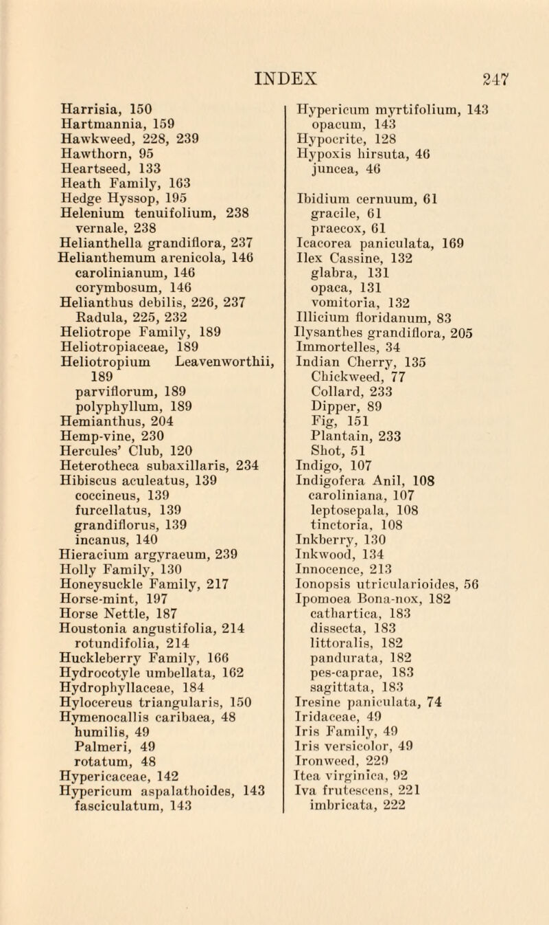 Harrisia, 150 Hartmannia, 159 Hawkweed, 228, 239 Hawthorn, 95 Heartseed, 133 Heath Family, 163 Hedge Hyssop, 195 Helenium tenuifolium, 238 vernale, 238 Helianthella grandiflora, 237 Helianthemum arenicola, 146 carolinianum, 146 corymbosum, 146 Helianthus debilis, 226, 237 Radula, 225, 232 Heliotrope Family, 189 Heliotropiaceae, 189 Heliotropium Leavenworthii, 189 parviflorum, 189 polyphyllum, 189 Hemianthus, 204 Hemp-vine, 230 Hercules’ Club, 120 Heterotheca subaxillaris, 234 Hibiscus aculeatus, 139 coccineus, 139 fureellatus, 139 grandiflorus, 139 incanus, 140 Hieracium argyraeum, 239 Holly Family, 130 Honeysuckle Family, 217 Horse-mint, 197 Horse Nettle, 187 Houstonia angustifolia, 214 rotundifolia, 214 Huckleberry Family, 166 Hydrocotyle umbellata, 162 Hydrophyllaceae, 184 Hylocereus triangularis, 150 Hymenocallis caribaea, 48 humilis, 49 Palmeri, 49 rotatum, 48 Hypericaceae, 142 Hypericum aspalathoides, 143 fasciculatum, 143 Hypericum myrtifolium, 143 opacum, 143 Hypocrite, 128 Hypoxis liirsuta, 46 juncea, 46 Ibidium cernuum, 61 gracile, 61 praecox, 61 Icacorea paniculata, 169 Ilex Cassine, 132 glabra, 131 opaca, 131 vomitoria, 132 Illicium floridanum, 83 Ilysanthes grandiflora, 205 Immortelles, 34 Indian Cherry, 135 Chickweed, 77 Collard, 233 Dipper, 89 Fig, 151 Plantain, 233 Shot, 51 Indigo, 107 Indigofcra Anil, 108 caroliniana, 107 leptosepala, 108 tinctoria, 108 Inkberry, 130 Inkwood, 134 Innocence, 213 Ionopsis utricularioides, 56 Ipomoea Bona-nox, 182 cathartica, 183 dissecta, 1S3 littoralis, 182 pandurata, 182 pes-caprae, 183 sagittata, 183 Iresine paniculata, 74 Iridaceae, 49 Iris Family, 49 Iris versicolor, 49 Iron weed, 229 Itea virginica, 92 Iva frutescens, 221 imbricata, 222