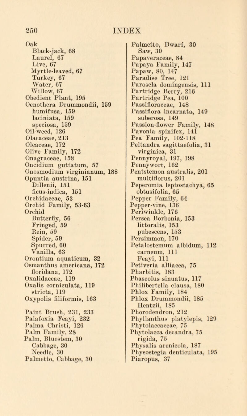 Oak Black-jack, 68 Laurel, 67 Live, 67 Myrtle-leaved, 67 Turkey, 67 Water, 67 Willow, 67 Obedient Plant, 195 Oenothera Drummondii, 159 humifusa, 159 laciniata, 159 speciosa, 159 Oil-weed, 126 Olacaceae, 213 Oleaceae, 172 Olive Family, 172 Onagraceae, 158 Oncidium guttatum, 57 Onosmodium virginianum, 188 Opuntia austrina, 151 Dillenii, 151 ficus-indiea, 151 Orchidaceae, 53 Orchid Family, 53-63 Orchid Butterfly, 56 Fringed, 59 Rein, 59 Spider, 59 Spurred, 60 Vanilla, 63 Orontium aquaticum, 32 Osmanthus americana, 172 floridana, 172 Oxalidaceae, 119 Oxalis corniculata, 119 stricta, 119 Oxypolis liliformis, 163 Paint Brush, 231, 233 Palafoxia Feayi, 232 Palma Christi, 126 Palm Family, 28 Palm, Bluestem, 30 Cabbage, 30 Needle, 30 Palmetto, Cabbage, 30 Palmetto, Dwarf, 30 Saw, 30 Papaveraceae, 84 Papaya Family, 147 Papaw, 80, 147 Paradise Tree, 121 Parosela domingensis. 111 Partridge Berry, 216 Partridge Pea, 100 Passifloraceae, 148 Passiflora incarnata, 149 suberosa, 149 Passion-flower Family, 148 Pavonia spinifex, 141 Pea Family, 102-118 Peltandra sagittaefolia, 31 virginica, 31 Pennyroyal, 197, 198 Pennywort, 162 Pentstemon australis, 201 multiflorus, 201 Peperomia leptostachya, 65 obtusifolia, 65 Pepper Family, 64 Pepper-vine, 136 Periwinkle, 176 Persea Borbonia, 153 littoralis, 153 pubescens, 153 Persimmon, 170 Petalostemum albidum, 112 carneum, 111 Feayi, 111 Petiveria alliacea, 75 Pharbitis, 183 Pha8eolus sinuatus, 117 Philibertella clausa, 180 Phlox Family, 184 Phlox Drummondii, 185 Hentzii, 1S5 Phorodendron, 212 Phyllanthus platylepis, 129 Phytolaccaceae, 75 Phytolacca decandra, 75 rigida, 75 Physalis arenicola, 187 Physostegia denticulata, 195 Piaropus, 37