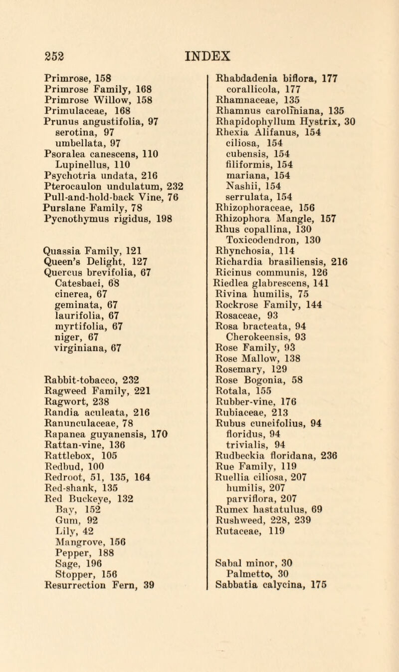 Primrose, 158 Primrose Family, 168 Primrose Willow, 158 Primulaceae, 168 Prunus angustifolia, 97 serotina, 97 umbellata, 97 Psoralea canescens, 110 Lupinellus, 110 Psychotria undata, 216 Pteroeaulon undulatum, 232 Pull-and-hold-back Vine, 76 Purslane Family, 78 Pycnothymus rigidus, 198 Quassia Family, 121 Queen’s Delight, 127 Quercus brevifolia, 67 Catesbaei, 68 cinerea, 67 geminata, 67 laurifolia, 67 myrtifolia, 67 niger, 67 virginiana, 67 Rabbit-tobacco, 232 Ragweed Family, 221 Ragwort, 238 Randia aculeata, 216 Ranunculaceae, 78 Rapanea guyanensis, 170 Rattan-vine, 136 Rattlebox, 105 Redbud, 100 Redroot, 51, 135, 164 Redshank, 135 Red Buckeye, 132 Bay, 152 Gum, 92 Lily, 42 Mangrove, 156 Pepper, 188 Sage, 196 Stopper, 156 Resurrection Fern, 39 Rhabdadenia biflora, 177 corallicola, 177 Rhamnaceae, 135 Rhamnus carollniana, 135 Rhapidophyllum Hystrix, 30 Rhexia Alifanus, 154 ciliosa, 154 cubensis, 154 filiformis, 154 mariana, 154 Nashii, 154 serrulata, 154 Rhizophoraceae, 156 Rhizophora Mangle, 157 Rhus copallina, 130 Toxicodendron, 130 Rhynchosia, 114 Richardia brasiliensis, 216 Ricinus communis, 126 Riedlea glabrescens, 141 Rivina humilis, 75 Rockrose Family, 144 Rosaceae, 93 Rosa bracteata, 94 Cherokeensis, 93 Rose Family, 93 Rose Mallow, 138 Rosemary, 129 Rose Bogonia, 58 Rotala, 155 Rubber-vine, 176 Rubiaceae, 213 Rubus cuneifolius, 94 floridus, 94 trivialis, 94 Rudbeckia floridana, 236 Rue Family, 119 Ruellia ciliosa, 207 humilis, 207 parviflora, 207 Rumex hastatulus, 69 Rushweed, 228, 239 Rutaceae, 119 Sabal minor, 30 Palmetto, 30 Sabbatia calycina, 175