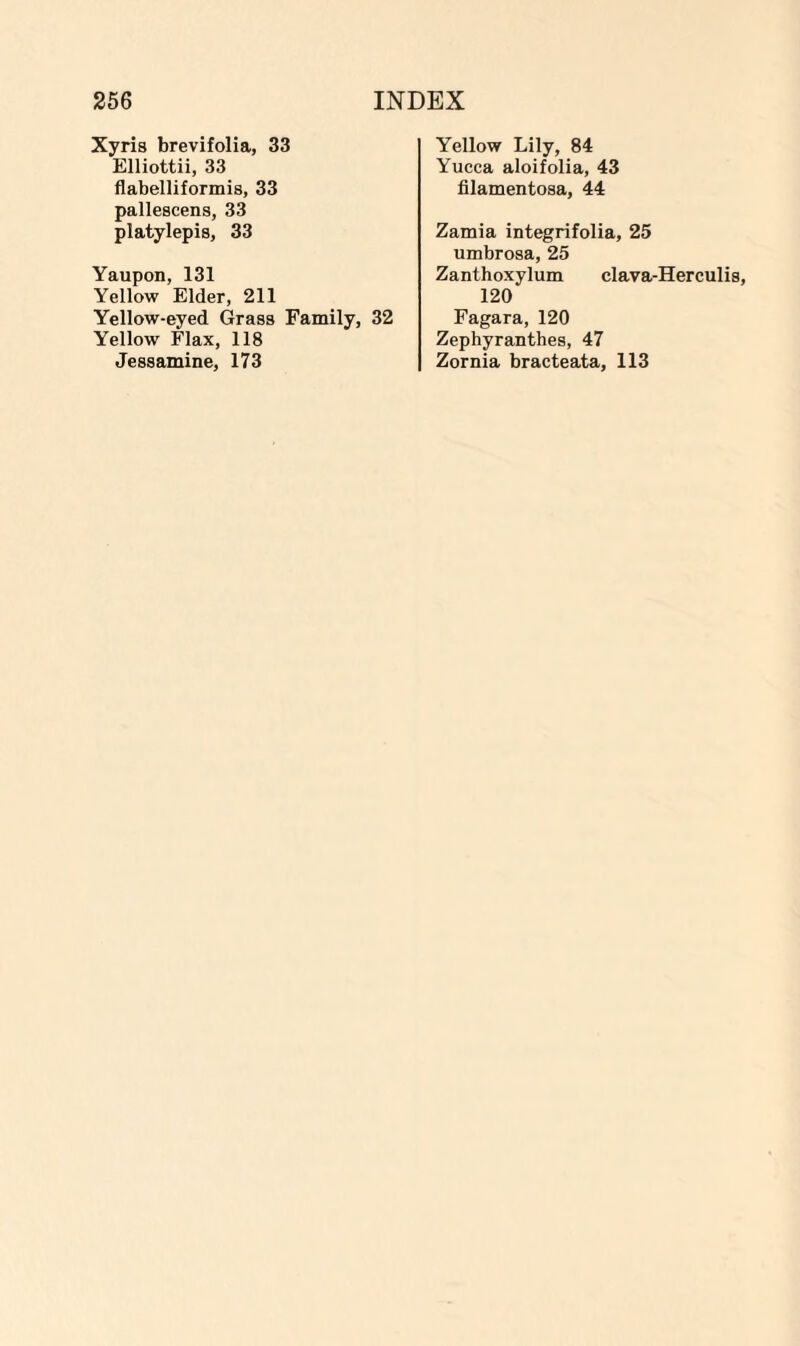 Xyris brevifolia, 33 Elliottii, 33 flabelliformis, 33 pallescens, 33 platylepis, 33 Yaupon, 131 Yellow Elder, 211 Yellow-eyed Grass Family, 32 Yellow Flax, 118 Jessamine, 173 Yellow Lily, 84 Yucca aloifolia, 43 filamentosa, 44 Zamia integrifolia, 25 umbrosa, 25 Zanthoxylum clava-Herculis, 120 Fagara, 120 Zephyranthes, 47 Zornia bracteata, 113