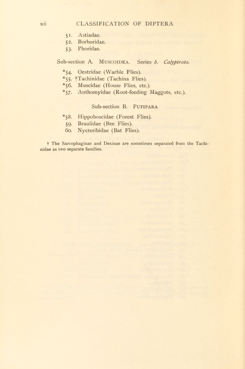 51. Astiadae. 52. Borboridae. 53. Phorldae. Sub-section A. Mu.SCOIDEA. Series b. Calyptrata. *54. Oestridae (Warble Flies). *55. fTachinidae (Tachina Flies). *56. Muscidae (House Flies, etc.). *57. Anthomyidae (Root-feeding Maggots, etc.). Sub-section B. PUPIPARA *58. Hippoboscidae (Forest Flies). 59. Braulidae (Bee Flies). 60. Nycteribidae (Bat Flies). + The Sarcophaginae and Dexinae are sometimes separated from the Tachi- nidae as two separate families.
