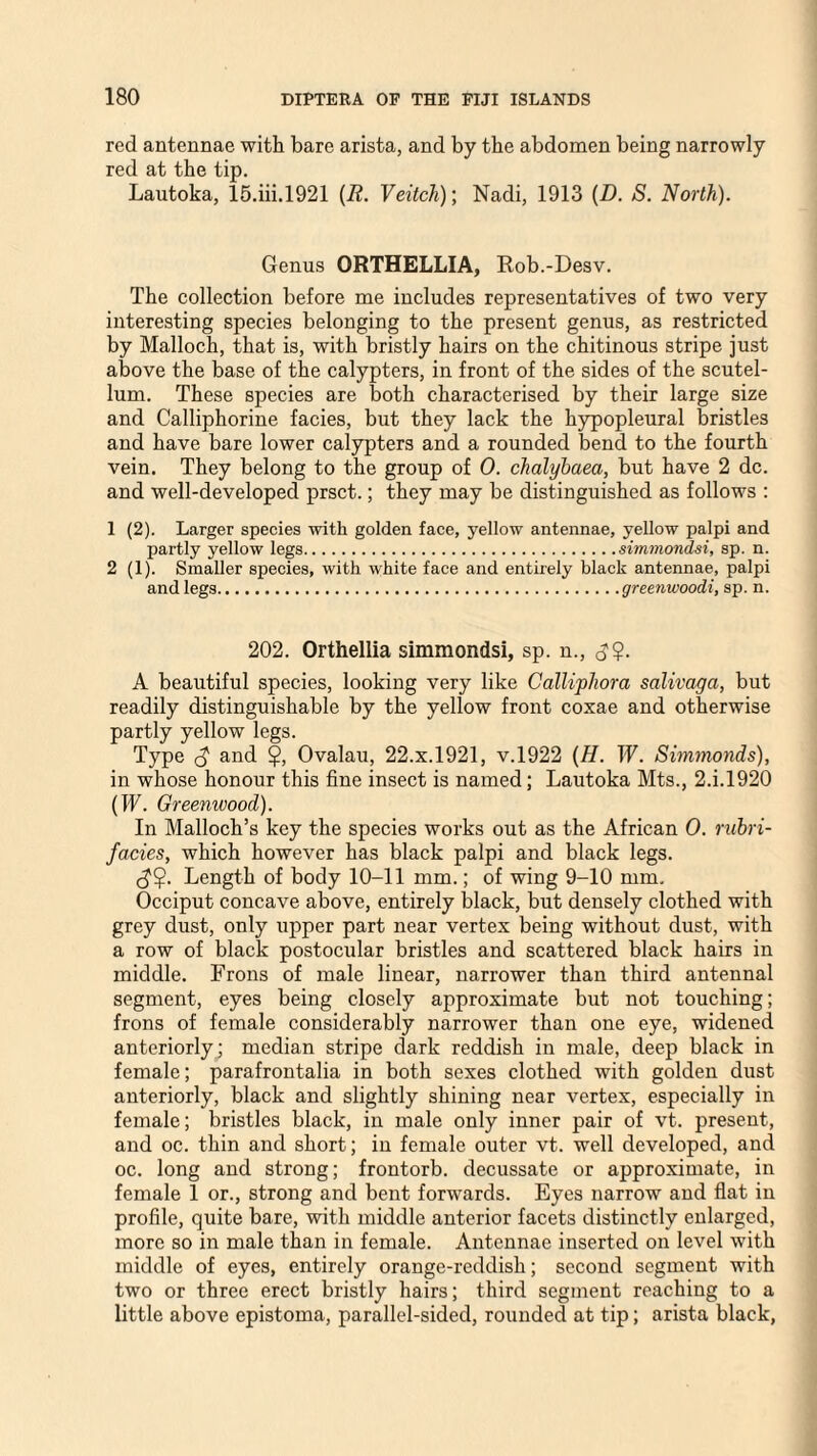 red antennae with bare arista, and by the abdomen being narrowly red at the tip. Lautoka, 15.iii.1921 (R. Veitch); Nadi, 1913 (D. S. North). Genus ORTHELLIA, Rob.-Desv. The collection before me includes representatives of two very interesting species belonging to the present genus, as restricted by Malloch, that is, with bristly hairs on the chitinous stripe just above the base of the calypters, in front of the sides of the scutel- lum. These species are both characterised by their large size and Calliphorine facies, but they lack the hypopleural bristles and have bare lower calypters and a rounded bend to the fourth vein. They belong to the group of 0. chalybaea, but have 2 dc. and well-developed prsct.; they may be distinguished as follows : 1 (2). Larger species with golden face, yellow antennae, yellow palpi and partly yellow legs.simmondsi, sp. n. 2 (1). Smaller species, with white face and entirely black antennae, palpi and legs.greenwoodi, sp. n. 202. Orthellia simmondsi, sp. n., <??. A beautiful species, looking very like Calliphora salivaga, but readily distinguishable by the yellow front coxae and otherwise partly yellow legs. Type and $, Ovalau, 22.X.1921, v.1922 (H. W. Simmonds), in whose honour this fine insect is named; Lautoka Mts., 2.i.1920 (W. Greenwood). In Malloch’s key the species works out as the African 0. rubri- facies, which however has black palpi and black legs. Length of body 10-11 mm.; of wing 9-10 mm. Occiput concave above, entirely black, but densely clothed with grey dust, only upper part near vertex being without dust, with a row of black postocular bristles and scattered black hairs in middle. Frons of male linear, narrower than third antennal segment, eyes being closely approximate but not touching; frons of female considerably narrower than one eye, widened anteriorly; median stripe dark reddish in male, deep black in female; parafrontalia in both sexes clothed with golden dust anteriorly, black and slightly shining near vertex, especially in female; bristles black, in male only inner pair of vt. present, and oc. thin and short; in female outer vt. well developed, and oc. long and strong; frontorb. decussate or approximate, in female 1 or., strong and bent forwards. Eyes narrow and flat in profile, quite bare, with middle anterior facets distinctly enlarged, more so in male than in female. Antennae inserted on level with middle of eyes, entirely orange-reddish; second segment with two or three erect bristly hairs; third segment reaching to a little above epistoma, parallel-sided, rounded at tip; arista black,