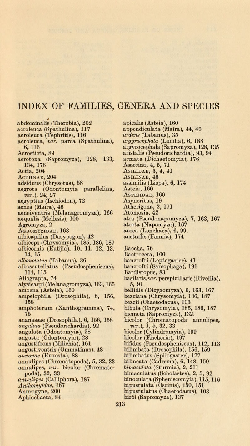 INDEX OF FAMILIES, GENERA AND SPECIES abdominalis (Therobia), 202 acroleuca (Spathulina), 117 acroleuca (Tephritis), 116 acroleuca* var. parca (Spathulina), 6, 116 Acrosticta, 89 acrotoxa (Sapromyza), 128, 133, 134, 176 Actia, 204 Actiinae, 204 adsiduus (Chrysotus), 58 aegrota (Odontomyia parallelina, var.), 24, 27 aegyptius (Ischiodon), 72 aenea (Maira), 46 aeneiventris (Melanagromyza), 166 aequalis (Mellesis), 100 Agromyza, 2 Agromyzidae, 163 albicapillus (Dasypogon), 42 albiceps (Chrysomyia), 185, 186, 187 albicomis (Eufijia), 10, 11, 12, 13, 14, 15 albonotatus (Tabanus), 36 alboscutellatus (Pseudospheniscus), 114, 115 Allograpta, 74 alysicarpi (Melanagromyza), 163,165 amoena (Asteia), 160 ampelophila (Drosophila), 6, 156, 158 amphoterum (Xanthogramma), 74, 75 ananassae (Drosophila), 6, 156, 158 angulata (Pseudorichardia), 92 angulata (Odontomyia), 28 angusta (Odontomyia), 28 angustifrons (Milichia), 161 angustiventris (Ommatinus), 48 annonae (Euxesta), 88 annulipes (Chromatopoda), 5, 32, 33 annulipes, var. bicolor (Chromato¬ poda), 32, 33 annulipes (Calliphora), 187 Anthomyidae, 167 Anurogyne, 200 Aphiochaeta, 84 apicalis (Asteia), 160 appendiculata (Maira), 44, 46 ardens (Tabanus), 35 argyrocephala (Lucilia), 6, 188 argyrocephala (Sapromyza), 128,135 aristalis (Pseudorichardia), 93, 94 armata (Dichaetomyia), 176 Asarcina, 4, 5, 71 Asilidae, 3, 4, 41 Asilinae, 46 assimilis (Lispa), 6, 174 Asteia, 160 Asteiidae, 160 Asyncritus, 19 Atherigona, 2, 171 Atomosia, 42 atra (Pseudonapomyza), 7, 163, 167 atrata (Napomyza), 167 aurea (Lonchaea), 6, 99. australis (Fannia), 174 Baccha, 76 Bactrocera, 100 bancrofti (Leptogaster), 41 bancrofti (Sarcophaga), 191 Bardistopus, 83 basilaris,tar. perspicillaris (Rivellia), 5, 91 bellidis (Dizygomyza), 6, 163, 167 bezziana (Chrysomyia), 186, 187 bezzii (Chaetodacus), 103 bibula (Chrysomyia), 185, 186, 187 bicincta (Sapromyza), 132. bicolor (Chromatopoda annulipes, var.), 1, 5, 32, 33 bicolor (Cylindromyia), 199 bicolor (Fischeria), 197 bifidus (Pseudospheniscus), 112, 113 bilimbata (Drosophila), 156, 159 bilimbatus (Spilogaster), 177 bilineata (Cadrema), 6, 148, 150 bimaculata (Sturmia), 2, 211 bimaculatus (Scholastes), 2, 5, 92 binoculata (Spheniscomyia), 115,116 bipustulata (Oscinis), 150, 151 bipustulatus (Chaetodacus), 103 biroi (Sapromyza), 137