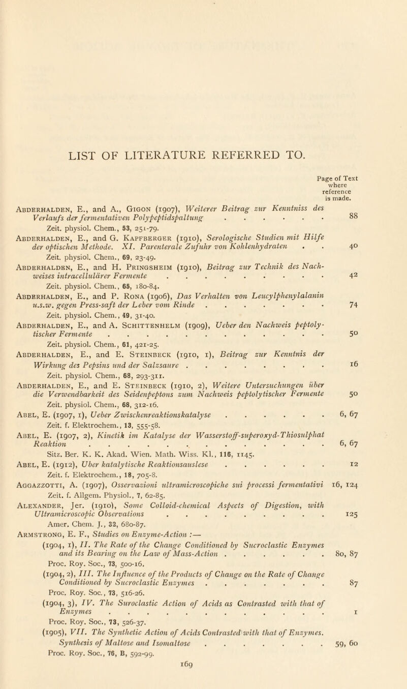 Page of Text where reference is made. Abderhalden, E., and A., Gigon (1907), Weiterer Bcitrag zur Kenntniss des Verlaufs der fermentativen Polypeptidspaltung ...... 88 Zeit. physiol. Chem., 93, 251-79. Abderhalden, E., and G. Kapfberger (19x0), Serologischc Studien mit Hilfe der optischen Mcthodc. XI. Parcnterale Zufuhr von Kohlenhydraten . . 40 Zeit. physiol. Chem., 69, 23-49. Abderhaldbn, E., and H. Pringsheim (igio), Bcitrag zur Technik des Nacli- weises intracelluldrer Fermente 42 Zeit. physiol. Chem., 65, 180-84. Abderhalden, E., and P. Rona (1906), Das Verhalten von Leucylphenylalanin u.s.w. gegen Press-saft der Leber vow Rinde. 74 Zeit. physiol. Chem., 49, 31-40. Abderhalden, E., and A. Schittenhelm (1909), XJeber den Nachweis peptoly- tisclier Fermente ............ 5° Zeit. physiol. Chem., 61, 421-25. Abderhalden, E., and E. Steinbeck (1910, 1), Bcitrag zur Kenntnis der Wirkung des Pepsins und der Salzsaurc ........ 16 Zeit. physiol. Chem., 68, 293-3x1. Abderhalden, E., and E. Steinbeck (1910, 2), Weitere LJ litersucliungen i'tber die V crwcndbarlicit des Seidenpcptons zum Nachweis pcptolytischer Fermente 50 Zeit. physiol. Chem., 68, 312-16. Abel, E. (1907, 1), Ucber Zwischcnreaktionskatalyse ..6, 67 Zeit. f. Elektrochem., 13, 555-58. Abel, E. (1907, 2), Kinctik im Katalyse der Wasscrstoff-supcroxyd-Thiosulphat Reaktion ............. 6, 67 Sitz. Ber. K. K. Akad. Wien. Math. Wiss. Kl., 116, 1145. Abel, E. (1912), Ubcr katalytische Rcaktionsauslcse ...... 12 Zeit. f. Elektrochem., 18, 705-8. Aggazzotti, A. (1907), Osservazioni ultramicroscopiclie sui processi fermcntativi 16, 124 Zeit. f. Allgem. Physiol., 7, 62-85. Alexander, Jer. (igio), Some Colloid-chemical Aspects of Digestion, with Ultramicroscopic Observations.. . 125 Amer. Chem. J., 32, 680-87. Armstrong, E. F., Studies on Enzyme-Action :— (1904, 1), II. The Rate of the Change Conditioned by Sucroclastic Enzymes and its Bearing on the Law of Mass-Action ...... 80,87 Proc. Roy. Soc., 73, 500-16. (1904, 2), III. The Influence of the Products of Change on the Rate of Change Conditioned by Sucroclastic Enzymes ....... 87 Proc. Roy. Soc., 73, 516-26. (1904, 3)> IV. The Suroclastic Action of Acids as Contrasted with that of Enzymes ............ 1 Proc. Roy. Soc., 73, 526-37. (1905), VII. The Synthetic Action of Acids Contrasted with that of Enzymes. Synthesis of Maltose and Isomaltose ....... 59, 60 Proc. Roy. Soc., 76, B, 592-99.