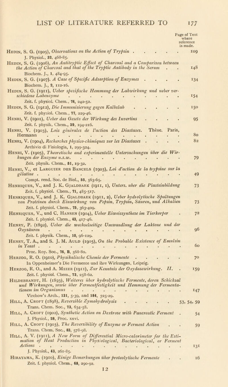 Page of Text where reference is made. Hedin, S. G. (1905), Observations on the Action of Trypsin ..... 109 J. Physiol., 32, 468-85. Hedin, S. G. (1906), An Antitryptic Effect of Charcoal and a Comparison between the Action of Charcoal and that of the Tryptic Antibody in the Serum . . 148 Biochem. J., 1, 484-95. Hedin, S. G. (1907). A Case of Specific Adsorption of Enzymes .... 134 Biochem. J., 2, 112-16. Hedin, S. G. (1911), Ueber spezifischc Hemmung dev Labwirkung und ueber ver- schicdene Labcnzyme ........... 154 Zeit. f. physiol. Chem., 74, 242-52. Hedin, S. G. (1912), Die Immunisicrung gegen Kalbslab ..... 150 Zeit. f. physiol. Chem., 77, 229-46. Henri, V. (1901), Ueber das Gcsctz der Wirkung dcs Tnvertins .... 95 Zeit. f. physik. Chem., 39, 194-216. Henri, V. (1903), Lois generates de Vaction des Diastases. These. Paris, Hermann. 80 Henri, V. (1904), Rccherclies physico-chimiques sur les Diastases .... 82 Archivio di Fisiologia, 1, 299-324. Henri, V. (1905), Theoretische and experimentclle Untersuchungen it her die Wir- kungen der Enzyme u.s.w. .......... 79 Zeit. physik. Chem., 51, 19-32. Henri, V., et Larguier des Bancels (1903), Loi d'action de la ttypsine sur la gelatine .............. 49 Compt. rend. Soc. de Biol., 55, 563-65. Henriques, V., and J. K. Gjaldbaek (1911, 1), Unters. uber die Plasteinbildnng 73 Zeit. f. physiol. Chem., 71, 485-517. Henriques, V., and J. K. Gjaldbaek (1911, 2), Ueber hydtolytische Spaltungen von Proteincn durch Einwirknng von Pepsin, Trypsin, Sauren, und Alkalien 73 Zeit. f. physiol. Chem., 75, 363-409. Henriques, V., und C. Hansen (1904), Ueber Eiwcissynthese ini Tierkorper . 72 Zeit. f. physiol. Chem., 43, 417-46. Henry, P. (1892), Ueber die wechsclseitige Umwandlung der Laktone und der Oxysauren.. 96 Zeit. f. physik. Chem., 10, 96-129. Henry, T. A., and S. J. M. Auld (1905), On the Probable Existence of Emulsin in Yeast .............. 60 Proc. Roy. Soc., 76, B, 568-80. Herzog, R. O. (1910), Physikalische Chernie der Fermente ..... 70 In Oppenheimer’s Die Fermente und ihre Wirkungen, Leipzig. Herzog, R. O., and A. Meier (1911), Zur Kcnntnis der Oxydascwirkung. II. . 159 Zeit. f. physiol. Chem., 73, 258-62. Hildebrandt, H. (1893), Weiteres iiber hydrolytische Fermente, deren Schicksal und Wirkungen, sowic iiber Fcrmentfestigkeit und Hemmung der Fermcnta- tionem im Organismus..147 Virchow’s Arch., 131, 5-39, and 184, 325-29. Hill, A. Croft (1898), Reversible Zymohydrolysis.53, 54, 59 Trans. Chem. Soc., 73, 634-58. Hill, A. Croft (1902), Synthetic Action on Dextrose with Pancreatic Ferment . 54 J. Physiol., 28, Proc. xxvi. Hill, A. Croft (1903), The Reversibility of Enzyme or Ferment Action . . 59 Trans. Chem. Soc., 83, 578-98. Hill, A. V. (1911), A New Form of Differential Micro-calorimeter for the Esti¬ mation of Heat Production in Physiological, Bacteriological, or Ferment Actions .............. 131 J. Physiol., 43, 261-85. Hirayama, K. (1910), Einige Bcmerkungen iiber proteolytische Fermente . . 16 Zeit. f. physiol. Chem., 68, 290-92. 12
