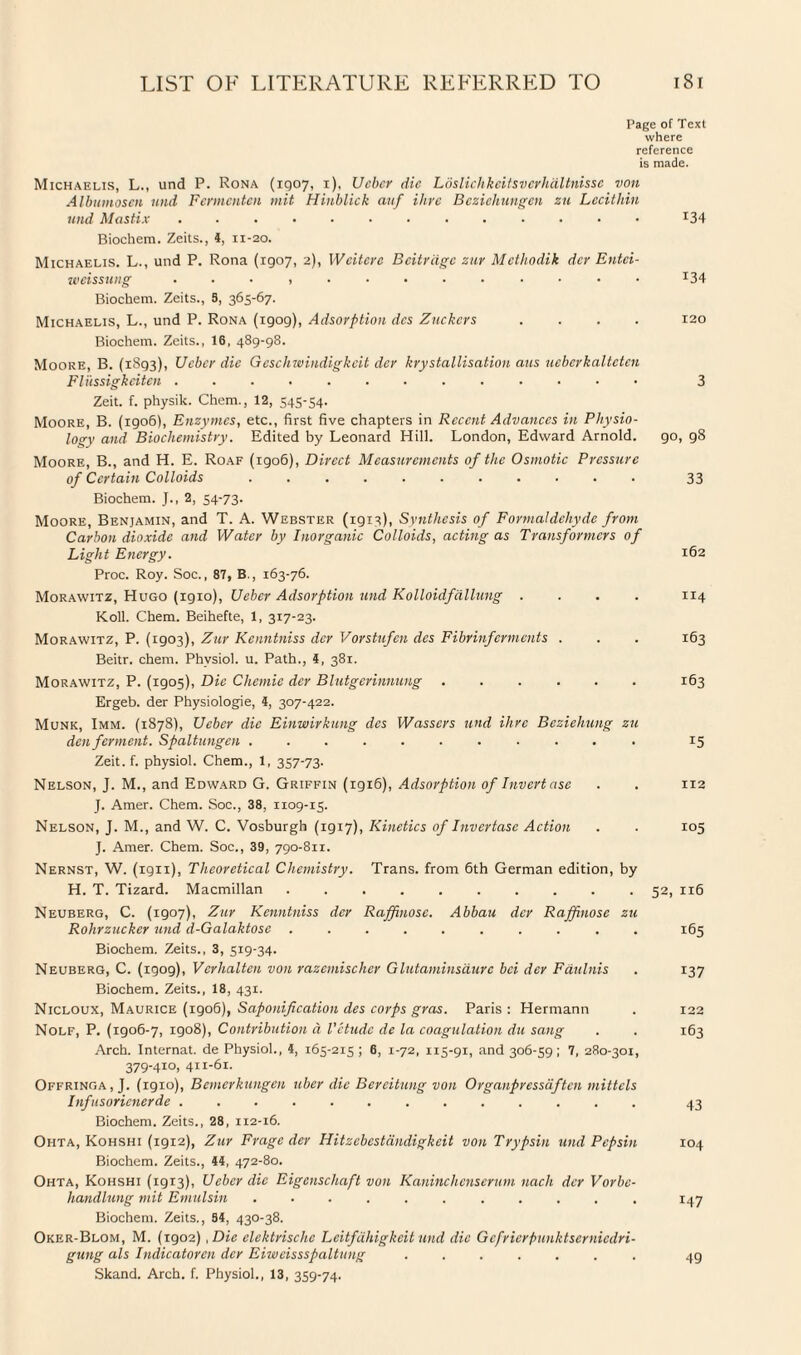 Page of Text where reference is made. Michaelis, L., und P. Rona (1907, i), Ucbcr die Ldslichkeitsverhciltnisse von Albumosen und Fermcnten mit Hinblick auf Hire Bcziehungen zn Lecithin und Mastix. I34 Biochem. Zeits., 4, 11-20. Michaelis. L., und P. Rona (1907, 2), Weitcrc Beitrdge zur Methodik dcr Entci- weissung ............. x34 Biochem. Zeits., 8, 365-67. Michaelis, L., und P. Rona (1909), Adsorption dcs Zuckers .... 120 Biochem. Zeits., 16, 489-98. Moore, B. (1893), Ucbcr die Gcschwindigkeit dcr krystallisation aus ueberkalteten Flussigkeiten. 3 Zeit. f. physik. Chem., 12, 545-54. Moore, B. (1906), Enzymes, etc., first five chapters in Recent Advances in Physio¬ logy and Biochemistry. Edited by Leonard Hill. London, Edward Arnold. 90, 98 Moore, B., and H. E. Roaf (rgo6), Direct Measurements of the Osmotic Pressure of Certain Colloids ........... 33 Biochem. J., 2, 54-73. Moore, Benjamin, and T. A. Webster (1913), Synthesis of Formaldehyde from Carbon dioxide and Water by Inorganic Colloids, acting as Transformers of Light Energy. 162 Proc. Roy. Soc., 87, B., 163-76. Morawitz, Hugo (1910), Uebcr Adsorption und Kolloidfdllung .... 114 Roll. Chem. Beihefte, 1, 317-23. Morawitz, P. (1903), Zur Kenntniss dcr Vorstufen dcs Fibrinferments . . . 163 Beitr. chem. Physiol, u. Path., 4, 381. Morawitz, P. (1905), Die Chemie der Blutgerinnung ...... 163 Ergeb. der Physiologie, 4, 307-422. Munk, Imm. (1878), Ueber die Einwirkung dcs Wassers und Hire Beziehung zu den ferment. Spaltungen ........... 15 Zeit. f. physiol. Chem., 1, 357-73. Nelson, J. M., and Edward G. Griffin (1916), Adsorption of Invertase . . 112 J. Amer. Chem. Soc., 38, 1109-15. Nelson, J. M., and W. C. Vosburgh (1917), Kinetics of Invertase Action . . 105 J. Amer. Chem. Soc., 39, 790-811. Nernst, W. (1911), Theoretical Chemistry. Trans, from 6th German edition, by H. T. Tizard. Macmillan . ... 52, 116 Neuberg, C. (1907), Zur Kenntniss der Raffinosc. Abbau der Raffinose zu Rohrzucker und d-Galaktose .......... 165 Biochem. Zeits., 3, 519-34. Neuberg, C. (1909), Vcrhalten von razcmischer Glutaminsdurc bci der Fdulnis . 137 Biochem. Zeits., 18, 431. Nicloux, Maurice (1906), Saponification des corps gras. Paris: Hermann . 122 Nolf, P. (1906-7, 1908), Contribution a I’ctudc de la coagulation du sang . . 163 Arch. Internat. de Physiol., 4, 165-215 ; 6, 1-72, 115-91, and 306-59 ; 7, 280-301, 379-410, 411-61. Offringa,J. (rgio), Bcmerkungen uber die Bcreitung von Organpressdftcn mittels Infusoricnerde ............. 43 Biochem. Zeits., 28, 112-16. Ohta, Kohshi (1912), Zur Frage der Hitzcbestdndigkcit von Trypsin und Pepsin 104 Biochem. Zeits., 44, 472-80. Ohta, Kohshi (1913), Ueber die Eigcnschaft von Kaninchenserum nach dcr Vorbc- handlung mit Emulsin ........... 147 Biochem. Zeits., 84, 430-38. Oker-Blom, M. (1902) , Die elektrischc Leitfdhigkcit und die Gcfrierpunktsernicdri- gung als Indicatoren der Eiwcissspaltung ....... 49 Skand. Arch. f. Physiol., 13, 359-74.