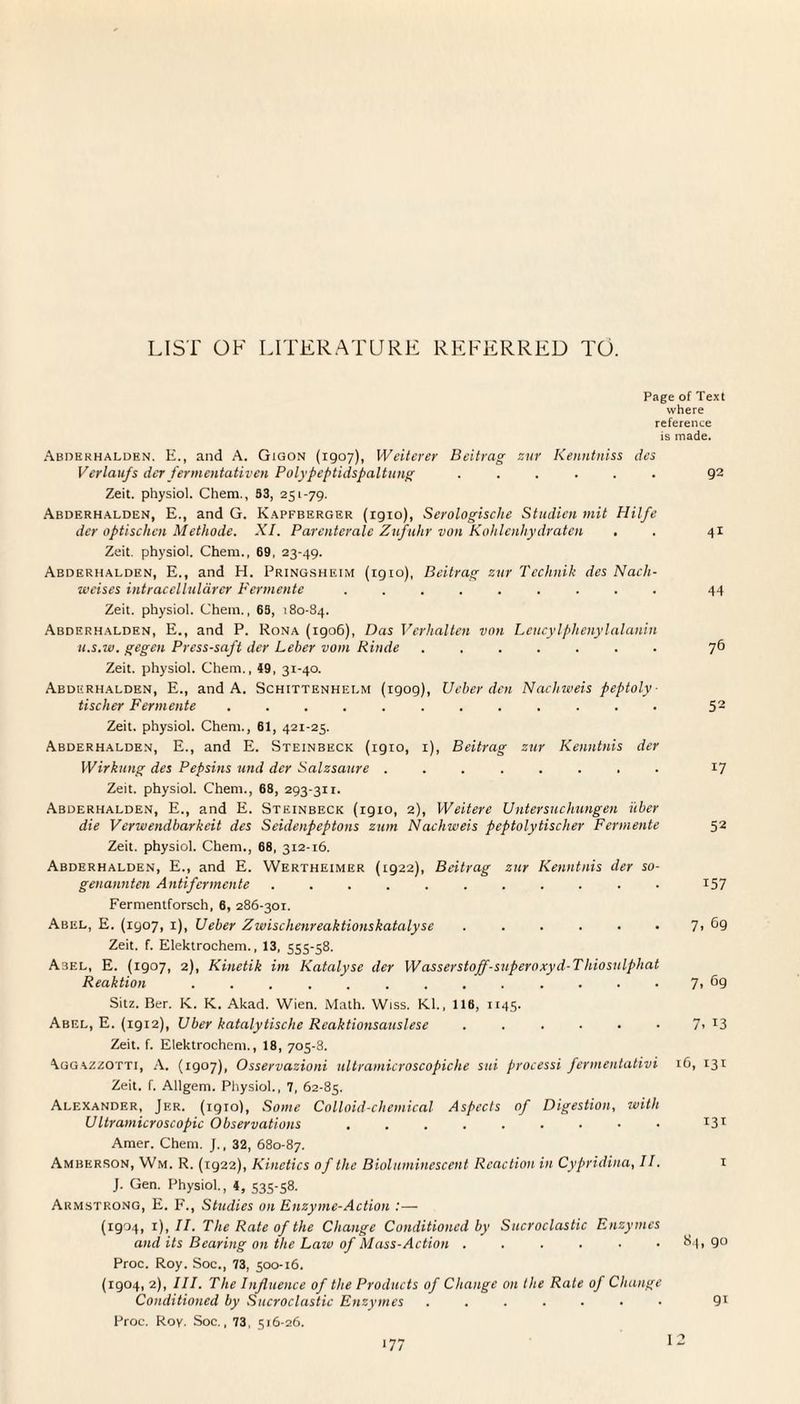 Page of Text where reference is made. Abderhalden. E., and A. Gigon (1907), Weitcrer Beitrag zur Kenntniss des Verlaufs der fermentativen Polypeptidspaltung ...... 92 Zeit. physiol. Chem., 53, 251-79. Abderhalden, E., and G. Kapfberger (rgio), Serologische Studien mit Hilfe der optisclien Methode. XI. Parenterale Zufuhr von Kohlenhydraten . . 41 Zeit. physiol. Chem., 69, 23-49. Abderhalden, E., and H. Pringsheim (1910), Beitrag zur Technik des Nach- weises intracelluldrcr Fermente ......... 44 Zeit. physiol. Chem., 63, 180-84. Abderhalden, E., and P. Rona (1906), Das Verhalten von Leucylphenylalanin u.s.w. gegen Press-saft der Leber vom Rinde ....... 7® Zeit. physiol. Chem., 49, 31-40. Abderhalden, E., and A. Schittenhelm (1909), Ueber den Nachweis peptoly- tischer Fermente.. 5- Zeit. physiol. Chem., 61, 421-25. Abderhalden, E., and E. Steinbeck (19x0, 1), Beitrag zur Kenntnis der Wirkung des Pepsins und der Salzsaure ........ 17 Zeit. physiol. Chem., 68, 293-311. Abderhalden, E., and E. Steinbeck (1910, 2), Weitere Untersuchungen i'tber die Verwendbarkeit des Seidenpeptons zum Nachweis peptoly tischer Fermente 52 Zeit. physiol. Chem., 68, 312-16. Abderhalden, E., and E. Wertheimer (1922), Beitrag zur Kenntnis der so- genannten Antifermente ........... 157 Fermentforsch, 6, 286-301. Abel, E. (1907, 1), Ueber Zwischenreaktionskatalyse . . . . • • 7> 69 Zeit. f. Elektrochem., 13, 555-58. Abel, E. (1907, 2), Kinetik im Katalyse der Wasserstoff-superoxyd-Thiosulphat Reaktion ............. 7» Sitz. Ber. K. K. Akad. Wien. Math. Wiss. K.I., 116, 1145. Abel, E. (1912), Uber katalytische Reaktionsauslese . . . ■ • • 7t T3 Zeit. f. Elektrochem., 18, 705-8. \ggazzotti, A. (1907), Osservazioni ultramicroscopiche sui processi fermentativi 16, 131 Zeit. f. Allgem. Physiol., 7, 62-85. Alexander, Jer. (1910), Some Colloid-chemical Aspects of Digestion, with Ultramicroscopic Observations T31 Amer. Chem. J., 32, 680-87. Amberron, Wm. R. (tg22), Kinetics of the Biolnminescent Reaction in Cypridina, II. 1 J. Gen. Physiol., 4, 535-58. Armstrong, E. F., Studies on Enzyme-Action :— (1904, 1), II. The Rate of the Change Conditioned by Sucroclastic Enzymes and its Bearing on the Law of Mass-Action ...... &4, 9° Proc. Roy. Soc., 73, 500-16. (1904, 2), III. The Influence of the Products of Change on the Rate of Change Conditioned by Sucroclastic Enzymes ....... 91 Proc. Roy. Soc., 73, 516-26. 12