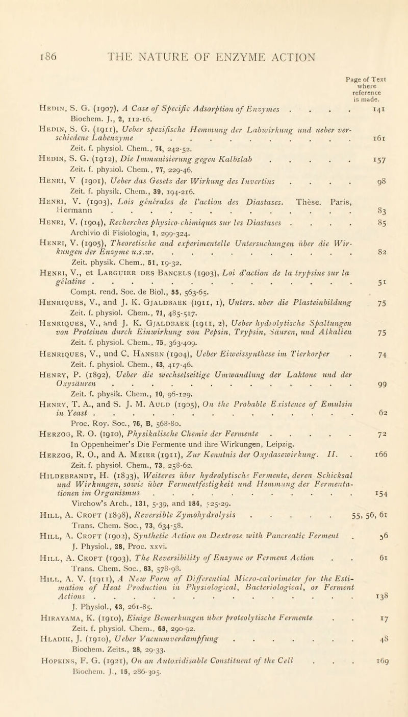Page of Text where reference is made. Hkdin, S. G. (igo7), A Case of Specific Adsorption of Enzymes .... 141 Biochem. J., 2, 112-16. Hkdin, S. G. (1911), Uebcr spezifische Hamming dcr Labwirknng and tteber ver¬ se hied cnc Labeiizyme ........... 161 Zeit. f. physiol. Chem., 74, 242-52. H kdin, S. G. (1912), Die Immunisicrnng gegen Kalbslab ..... 157 Zeit. f. physiol. Chem., 77, 229-46. Henri, V (rgoi), Uebcr das Gesetz der Wirkung des Invertins .... 98 Zeit. f. physik. Chem., 39, 194-216. Henri, V. (1903), Lois generates dc I'action des Diastases. These. Paris, Hermann ............. 83 Henri, V. (1904), Rcclierches physicochimiques sur les Diastases .... 85 Archivio di Fisiologia, 1, 299-324. Henri, V. (1905), Thcorctische and experimentelle Untersuchungen iiber die Wir- kungen der Enzyme u.s.w. .......... 82 Zeit. physik. Chem., 51, 19-32. Henri, V., et Larguier des Bancels (1903), Loi d'action de la trypsine sur la gelatine .............. 51 Compt. rend. Soc. de Biol., 55, 563-65. Henriques, V., and J. K. Gjaldbaek (ign, 1), Untcrs. uber die Plasteinbildung 75 Zeit. f. physiol. Chem., 71, 485-517. Henriques, V., and J. K. Gjaldbaek (1911, 2), Ucber hydiolytische Spaltungen von Proteincn durch Einwirkung von Pepsin, Trypsin, Sciuren, nnd Alkalien 75 Zeit. f. physiol. Chem., 75, 363-409. Henriques, V., und C. Hansen (1904), Ucber Eiwcissynthcsc im Ticrkorpcr . 74 Zeit. f. physiol. Chem., 43, 417-46. Henry, P. (1892), Ueber die wechselscitigc Umwandlutig dcr Laktone und dcr Oxysauren ............. gg Zeit. f. physik. Chem., 10, 96-129. Henry, T. A., and S. J. M. Auld (1925), On the Probable Existence of Emulsin in Yeast .............. 62 Proc. Roy. Soc., 76, B, 563-80. Herzog, R. O. (1910), Physikalische Chemie dcr Fennente ..... 72 In Oppenheimer’s Die Fermente und ihre Wirkungen, Leipzig. Herzog, R. O., and A. Meier (1911), Zur Kenntnis der Oxydasewirkung. II. . 166 Zeit. f. physiol. Chem., 73, 258-62. Hildebrandt, H. (1893), Wciteres iiber hydrolytische Fermente, dcren Schicksal und Wirkungen, sowie iiber Fermentfestigkeit und Hemmung der Fermenta- tionen im Organismus ........... 154 Virchow’s Arch., 131, 5-39, and 184, 525-29. Hill, A. Croft (1898), Reversible Zymohydrolysis ..... 55,56,61 Trans. Chem. Soc., 73, 634-58. Hill, \. Croft (1902), Synthetic Action on Dextrose with Pancreatic Ferment . 36 J. Physiol., 28, Proc. xxvi. Hill, A. Croft (1903), The Reversibility of Enzyme or Ferment Action . . 61 Trans. Chem. Soc., 83, 578-93. Hill, A. V. (1911), A Hew Form of Differential Micro-calorimeter for the Esti¬ mation of Heat Production in Physiological, Bacteriological, or Ferment Actions ... 138 J. Physiol., 43, 261-85. Hirayama, K. (igio), Einige Bcmcrkungcn uber proteolytische Fermente . . 17 Zeit. f. physiol. Chem., 68, 290-92. Hladik, J. (igto), Uebcr Vacuumverdampfung ....... 4S Biochem. Zeits., 28, 29-33. Hopkins, F. G. (1921), On an Autoxidisable Constituent of the Cell . . . r6g