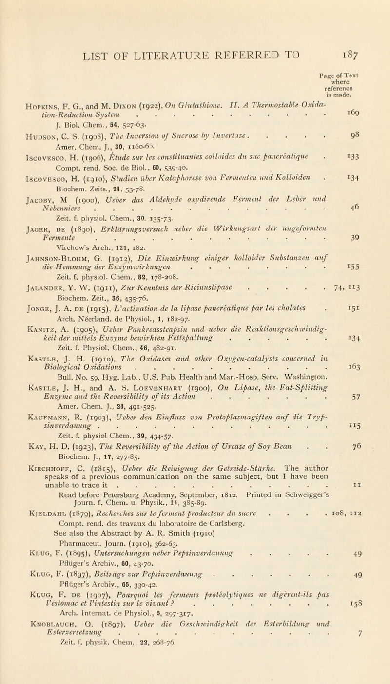 Page of Text where reference is made. Hopkins, F. G., and M. Dixon (1922), On Glutathione. II. A Thermostable Oxida¬ tion-Reduction System . *®9 J. Biol. Chem., 84, 527-63. Hudson, C. S. (tgoS), The Inversion of Sucrose by Invert isc. 98 Amer. Chem. J., 30, 1160-6). Iscovesco, H. (1906), Etude sur les constituantes colloidcs du sue pancrcatiquc . 133 Compt. rend. Soc. de Biol., GO, 539-40. Iscovesco, H. (1910), Studien iibcr Kataphorese von Fermentcn und Kolloidcn . 134 B;ochem. Zeits., 24, 53-7S. Jacoby, M (1000), Ucbcr das Aldehyde oxydirende Ferment der Leber und Nebcnnierc 4® Zeit. f. physiol. Chem., 30. 135-73. Jager, de (1890), Erklcirungsversuch ucbcr die Wirkungsart der ungeformten Fcrmente 39 Virchow's Arch., 121, 182. Jahnson-Bloiim, G. (1912), Die Einwirkung einiger kolloider Substanzcn anf die Hemmung der Enzymwirkungcn ........ 155 Zeit. f. physiol. Chem., 82, 178-208. Jalander, Y. W. (1911), Zur Kenntnis der Ricinuslipase ..... 74,113 Biochem. Zeit., 36, 435-76. Jonge, J. A. de (1915), L'activation de la lipase pancrcatiquc par les cholatcs . 151 Arch. N6erland. de Physiol., 1, 182-97. Kanitz, A. (1905), Ucbcr Pankrcasstcapsin und ueber die Reaklionsgeschwindig- keit der mittels Enzyme bewirkten Fettspaltung ...... 134 Zeit. f. Physiol. Chem., 46, 482-91. Kastle, J. H. (1910), The Oxidases and other Oxygen-catalysts concerned in Biological Oxidations ........... 163 Bull. No. 59, Hyg. Lab., U.S. Pub. Health and Mar.-Hosp. Serv. Washington. Kastle, J. H., and A. S. Loevenhart (igoo), On Lipase, the Fat-Splitting Enzyme and the Reversibility of its Action ....... 57 Amer. Chem. J., 24, 491-525. Kaufmann, R. (1903), Ueber den Einjiuss von Protoplasmagiftcn anf die Tryp- sinverdauung ............. 115 Zeit. f. physiol Chem., 39, 434-57. Kay, H. D. (1923), The Reversibility of the Action of Urease of Soy Bean . . 76 Biochem. J., 17, 277-85. Kirchhoff, C. (1815), Ueber die Rcinigung der Getreide-Stcirkc. The author speaks of a previous communication on the same subject, but I have been unable to trace it ........... 11 Read before Petersburg Academy, September, 1812. Printed in Schweigger’s Journ. f. Chem. u. Physik., 14, 385-89. Kjeldahl (1879), Recherchcs sur le ferment producteur du sucre .... 108,112 Compt. rend, des travaux du laboratoire de Carlsberg. See also the Abstract by A. R. Smith (igto) Pharmaceut. Journ. (1910), 362-63. Klug, F. (1895), Untcrsuchungen ueber Pcpsinverdauung ..... 49 Pfltiger’s Archiv., 00, 43-70. Klug, F. (1897), Beihage zur Pcpsinverdauung ....... 49 Pfliiger’s Archiv., 65, 330-42. Klug, F. de (1907), Pourquoi les ferments proteolytiques ne digerent-ils pas Tcstomac et Vintcstin sur le vivant ? ........ 158 Arch. Internat. de Physiol., 3, 297-317. Knoblauch, O. (1897), Ueber die Geschwindigkeit der Esterbildung und Estevzcrsetzung ............ 7