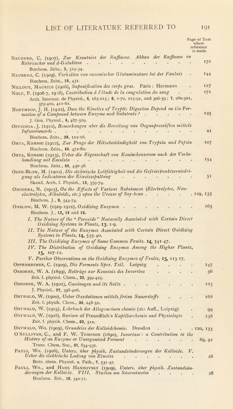 Page of Text where reference ia made. Neuberg, C. (1907), Zur Kenntniss der Raffinose. Abbau der Raffinose zu Rolirzucker und d-Galaktose 1Tl Biochem. Zeits., 3, 519-34. Neuberg, C. (igog), Verhilten von razcmischer Glutaminsaure bei der Fdulnis . 144 Biochem. Zeits., 18, 431. Nicloux, Maurice (1906), Saponification des corps gras. Paris : Hermann . 127 Nolf, P. (1906-7, 191S), Contribution d I'etudc de la coagulation du sang . . 171 Arch. Internat. de Physiol., 4, 165-215 ; 6, 1-72, 115-91, and 306-59; 7, 280-301, 379-410, 411-61. Northrop, J. H. (1922), Docs the Kinetics of Tryptic Digestion Depend on the For¬ mation of a Compound between Enzyme and Substrate ?.125 J. Gen. Physiol., 4, 487-509. Offringa, J. (rgio), Bemerkungen nber die Bereitung von Organpressaftcn mittels Infusorienerde .. 44 Biochem. Zeits., 28, 1x2-16. Ohta, Kohshi (1912), Zur Fragc der Hitzebestdndigkeit von Trypsin und Pepsin 107 Biochem. Zeits., 44, 472-80. Ohta, Kohshi (1913), Ueber die Eigenschaft von Kaninchenserum nach der Vorbe- handlung mit Emulsin ........... 154 Biochem. Zeits., 54, 430-38. Oker-Blom, M. (1902) , Die elektrische Leitfdhigkeit und die Gefrierpunktserniedri- gung als Indicatoren der Eiweissspaltung ....... 51 Skand. Arch. f. Physiol., 13, 359-74. Onodera, N. (1915), On the Effects of Various Substances (Electrolytes, Non¬ electrolytes, Alkaloids, etc.) upon the Urease of Soy-bean ..... 129, 135 Biochem. J., 9, 544-74. Onslow, M. W. (1919-1921), Oxidising Enzymes ....... 165 Biochem. J., 13, 14 and 15. I. The Nature of the “ Peroxide ” Naturally Associated with Certain Direct Oxidising Systems in Plants, 13, 1-9. II. The Nature of the Enzymes Associated with Certain Direct Oxidising Systems in Plants, 14, 535-40. III. The Oxidising Enzymes of Some Common Fruits, 14, 541-47. IV. The Distribution of Oxidising Enzymes Among the Higher Plants, 15, 107-12. V. Further Observations on the Oxidising Enzymes of Fruits, 15, 113-17. Oppenheimer, C. (igog), Die Fermente Spez. Teil. Leipzig .... 147 Osborne, W. A. (1899), Beitrdge zur Kenntnis des Invertins .... 36 Zeit. f. physiol. Chem., 23, 399-425. Osborne, W. A. (1901), Caseinogen and its Salts ....... 123 J. Physiol., 27, 398-406. Ostwald, W. (igoo), Ueber Oxydationen mittels freien Sauerstoffs . . . 168 Zeit. f. physik. Chem., 34, 248-52. Ostwald, W. (1903), Lchrbuch der Allcgcmeinen chemie (ate Aufl., Leipzig) . gg Ostwald, W. (igoS), Review of Freundlich’s Kapillarchemie und Physiologic . 13S Zeit. f. physik. Chem., 62, 512. Ostwald, Wo. (igog), Grundriss der Kolloidchemie. Dresden .... 120, 133 O'Sullivan, C., and F. W. Tompson (i8go), Invertase : a Contribution to the History of an Enzyme or Unorganised Ferment ...... 8g, gi Trans. Chem. Soc., 57, 834-931. Pauli, Wo. (igo6), Unters. iiber physik. Zustandsdnderungen der Kolloide. V. Ueber die elektrische Ladling von Eiweiss ....... 28 Beitr. chem. Physiol, u. Path., 7, 531-47. Pauli, Wo., and Hans Handovsky (igog), Unters. iiber physik. Zustandsdn- derungen der Kolloide. VIII. Studien am Saureehveiss .... 28