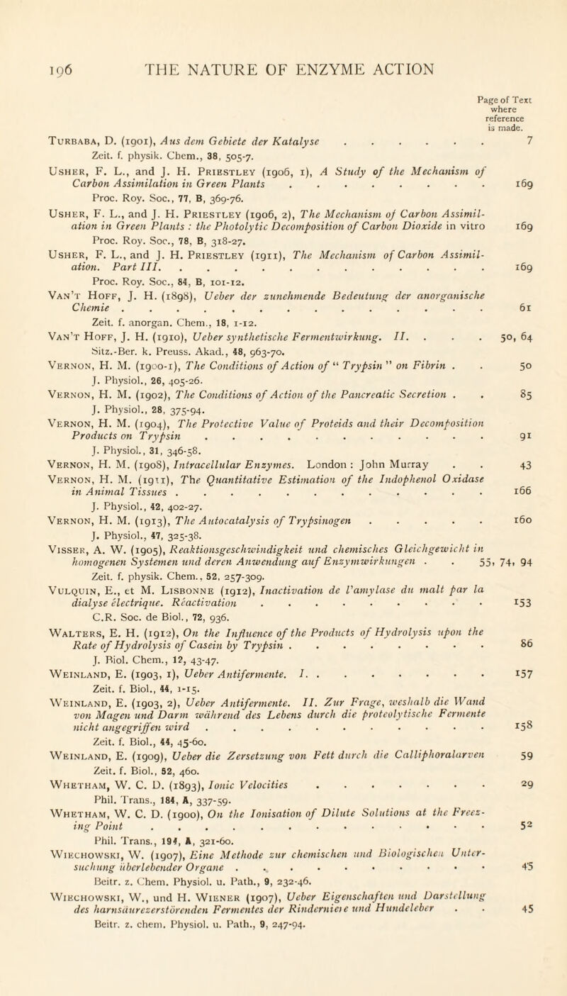 Page of Text where reference is made. Turbaba, D. (1901), Aus dcm Gebicte dcr Katalysc ...... Zeit. f. physik. Cbem., 38, 505-7. Usher, F. L., and J. H. Priestley (1906, i), A Study of the Mechanism of Carbon Assimilation in Green Plants ........ 169 Proc. Roy. Soc., 77, B, 369-76. Usher, F. L., and J. FI. Priestley (1906, 2), The Mechanism oj Carbon Assimil¬ ation in Green Plants : the Photolytic Decomposition of Carbon Dioxide in vitro 169 Proc. Roy. Soc., 78, B, 318-27, Usher, F. L., and J. H. Priestley (1911), The Mechanism of Carbon Assimil¬ ation. Part III. ............ 169 Proc. Roy. Soc., 84, B, 101-12. Van’t Hoff, J. H. (1898), Ueber der zunehmende Bedeutung der anorganisclie Chemie .............. 61 Zeit. f. anorgan. Chem., 18, 1-12. Van’t Hoff, J. H. (1910), Ueber synthctische Fermentwirkung. II. . . . 50,64 Sitz.-Ber. k. Preuss. Akad., 48, 963-70. Vernon, H. M. (1900-1), The Conditions of Action of “ Trypsin ” on Fibrin . . 50 J. Physiol., 26, 405-26. Vernon, H. M. (1902), The Conditions of Action of the Pancreatic Secretion . . 85 J. Physiol., 28, 375-94. Vernon, H. M. (1904), The Protective Value of Proteids and their Decomposition Products on Trypsin ........... 91 J. Physiol., 31, 346-58. Vernon, H. M. (1908), Intracellular Enzymes. London: John Murray . . 43 Vernon, H. M. (ign), The Quantitative Estimation of the Indophenol Oxidase in Animal Tissues ............ 166 J. Physiol., 42, 402-27. Vernon, H. M. (1913), The Auto catalysis of Trypsinogen ..... r6o J. Physiol., 47, 325-38. Visser, A. W. (1905), Reaktionsgeschwindigkeit und chemisches Gleichgewicht in homogenen Systemen und deren Anwendung auf Enzymwirkungen . . 55, 74, 94 Zeit. f. physik. Chem.. 52, 257-309. Vulquin, E., et M. Lisbonne (igi2), Inactivation de I’amylase du malt par la dialyse electrique. Reactivation ......... 153 C.R. Soc. de Biol., 72, 936. Walters, E. H. (1912), On the Influence of the Products of Hydrolysis upon the Rate of Hydrolysis of Casein by Trypsin.. &6 J. Biol. Chem., 12, 43-47. Weinland, E. (1903, 1), Ueber Antifermente. I.l57 Zeit. f. Biol., 44, 1-15. Weinland, E. (1903, 2), Ueber Antifermente. II. Zur Frage, weshalb die Wand von Magcn und Darm wahrend des Lebens dutch die proteolytische Fcrmente nicht angegriffen wird. 158 Zeit. f. Biol., 44, 45-60. Weinland, E. (igog), Ueber die Zcrsetzung von Fett durch die Calliphoralarven 59 Zeit. f. Biol., 32, 460. Whetham, W. C. D. (1893), Ionic Velocities ....... 29 Phil. Trans., 184, A, 337-59. Whetham, W. C. D. (igoo), On the Ionisation of Dilute Solutions at the Freez¬ ing Point . 52 Phil. Trans., 194, A, 321-60. Wiechowski, W. (1907), Eine Methode zur chemischen und Biologischen Unter- suchung iibcrlebcndcr Organe . ^ ....... 4'5 Beitr. z. Chem. Physiol, u. Path., 9, 232-46. Wiechowski, W., und H. Wiener (1907), Ueber Eigenschaftcn und Darstellung des harnsaurezerstorenden Fermentes der Rindernieie und Hundeleber . . 45 Beitr. z. chem. Physiol, u. Path., 9, 247-94.