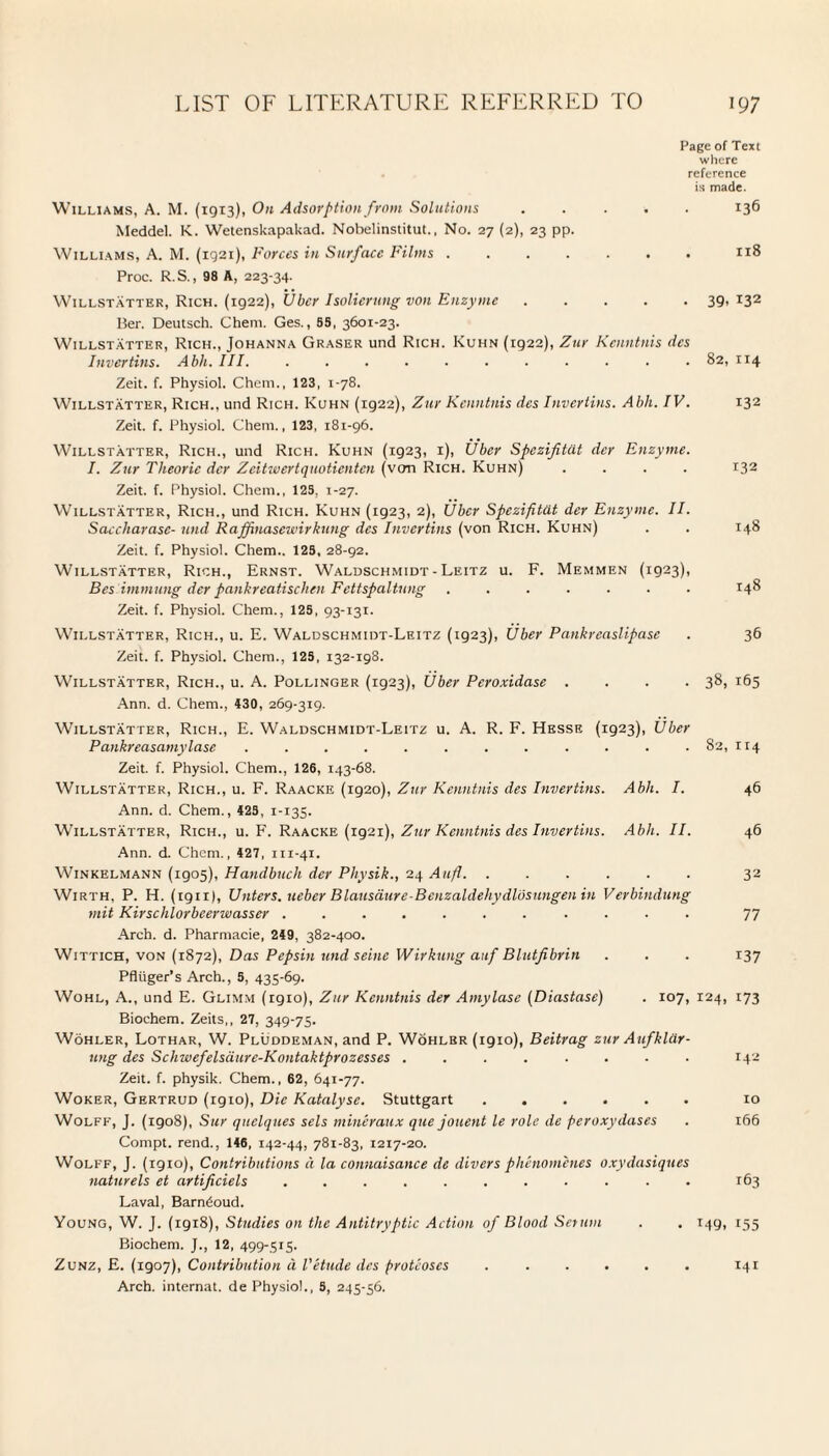Page of Text where reference is made. Williams, A. M. (1913), On Adsorption from Solutions ..... 136 Meddel. K. Wetenskapakad. Nobelinstitut., No. 27 (2), 23 pp. Williams, A. M. (1921), Forces in Surface Films ....... 118 Proc. R.S., 98 A, 223-34. Willstatter, Rich. (1922), Uber Isolierung von Enzyme.39, 132 Her. Deutsch. Cheni. Ges., 59, 3601-23. Willstatter, Rich., Johanna Graser und Rich. Kuhn (1922), Zur Kenntnis dcs Invertins. Abh. III. ........... 82, 114 Zeit. f. Physiol. Chem., 123, 1-78. Willstatter, Rich., und Rich. Kuhn (1922), Zur Kenntnis des Invertins. Abh. IV. 132 Zeit. f. Physiol. Chem., 123, 181-96. Willstatter, Rich., und Rich. Kuhn (1923, 1), Uber Spezifitat der Enzyme. I. Zur Theoric der Zcitwertquotienten (von Rich. Kuhn) .... 132 Zeit. f. Physiol. Chem., 125, 1-27. Willstatter, Rich., und Rich. Kuhn (1923, 2), Ubcr Spezifitat der Enzyme. II. Saccharasc- und Raffinasewirkung dcs Invertins (von Rich. Kuhn) . . 148 Zeit. f. Physiol. Chem.. 125, 28-92. Willstatter, Rich., Ernst. Waldschmidt - Leitz u. F. Memmen (1923), Bes immung der pankreatischcn Fettspaltung ....... 148 Zeit. f. Physiol. Chem., 125, 93-131. Willstatter, Rich., u. E. Waldschmidt-Leitz (1923), Uber Pankreaslipasc . 36 Zeit. f. Physiol. Chem., 125, 132-198. Willstatter, Rich., u. A. Pollinger (1923), Uber Peroxidase .... 38, 165 Ann. d. Chem., 430, 269-319. Willstatter, Rich., E. Waldschmidt-Leitz u. A. R. F. Hesse (1923), Uber Pankreasamylase ............ 82, 114 Zeit. f. Physiol. Chem., 126, 143-68. Willstatter, Rich., u. F. Raacke (1920), Zur Kenntnis des Invertins. Abh. I. 46 Ann. d. Chem., 425, 1-135. Willstatter, Rich., u. F. Raacke (1921), Zur Kenntnis des Invertins. Abh. II. 46 Ann. d. Chem., 427, 111-41. Winkelmann (1905), Handbuch der Physik., 24 Aufi. ...... 32 Wirth, P. H. (ign), Unters. ueber Blausdure-Bcnzaldehydlusungen in Verbindung mit Kirsclilorbeerwasscr ........... 77 Arch. d. Pharmacie, 249, 382-400. Wittich, von (1872), Das Pepsin und seine Wirkung auf Blutfibrin . . . 137 Pfliiger’s Arch., 5, 435-69. Wohl, A., und E. Glimm (1910), Zur Kenntnis der Amylase (Diastase) . 107, 124, 173 Biochem. Zeits,, 27, 349-75. Wohler, Lothar, W. Pluddeman,and P. Wohlbr (1910), Beitrag zur Aufklar- ung des Schwefelsdure-Kontaktprozesses ........ 142 Zeit. f. physik. Chem., 62, 641-77. Woker, Gertrud (rgio), Die Katalyse. Stuttgart ...... 10 Wolff, J. (igoB), Sur quelques sels mineraux que jouent le role de peroxydases . 166 Compt. rend., 146, 142-44, 781-83, 1217-20. Wolff, J. (1910), Contributions a la connaisance de divers phenomenes oxydasiques naturels et artificiels ........... 163 Laval, Barn6oud. Young, W. J. (1918), Studies on the Antitryptic Action of Blood Serum . . 149, 155 Biochem. J., 12, 499-515. Zunz, E. (1907), Contribution d I’etude des proteoses Arch, internat. de Physiol., 5, 245-56. 141