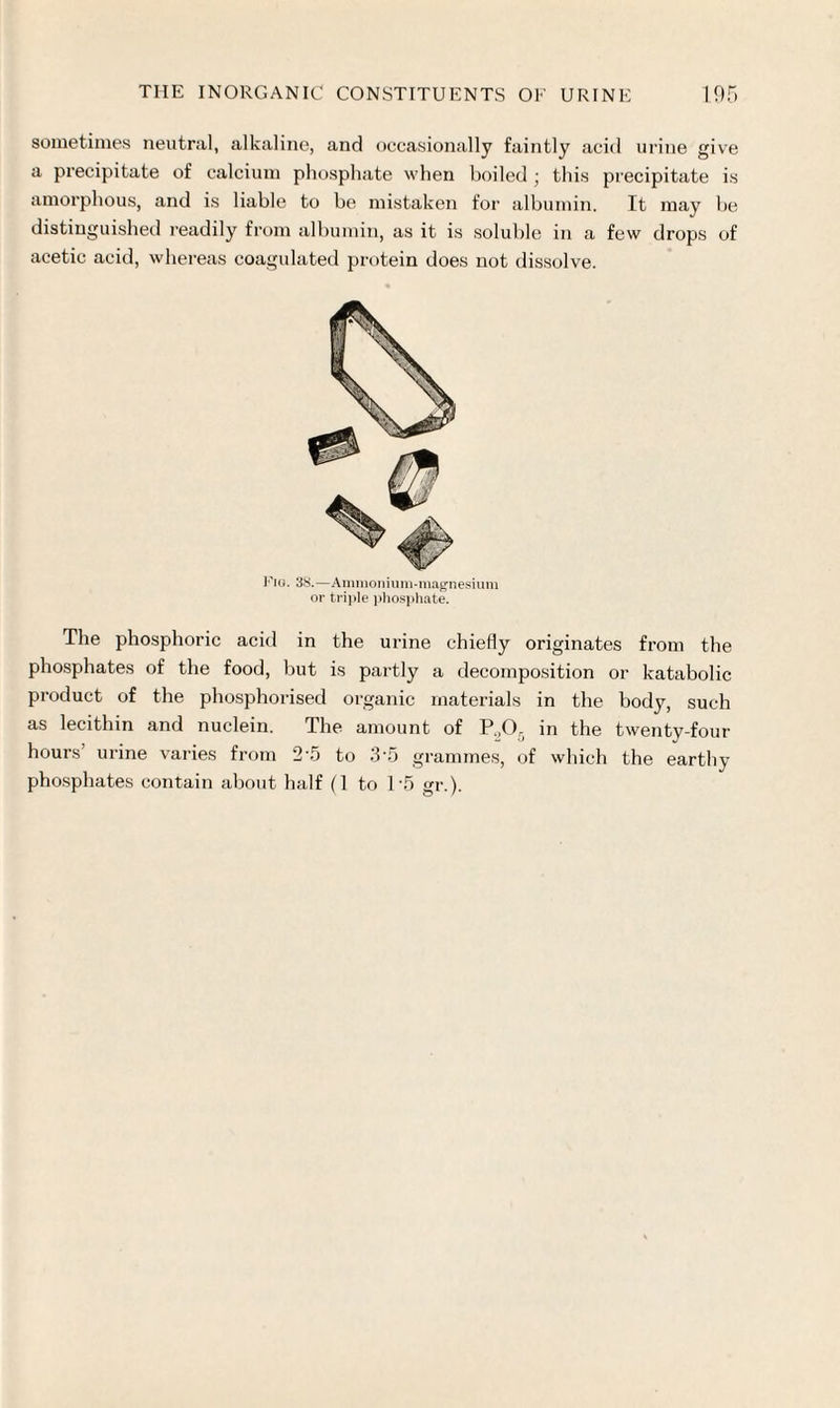 sometimes neutral, alkaline, and occasionally faintly acid urine give a precipitate of calcium phosphate when boiled • this precipitate is amorphous, and is liable to be mistaken for albumin. It may be distinguished readily from albumin, as it is soluble in a few drops of acetic acid, whereas coagulated protein does not dissolve. The phosphoric acid in the urine chiefly originates from the phosphates of the food, but is partly a decomposition or katabolic product of the phosphorised organic materials in the body, such as lecithin and nuclein. The amount of P.,0, in the twenty-four hours’ urine varies from 2'5 to 3 5 grammes, of which the earthy phosphates contain about half (1 to 1\5 gr.).