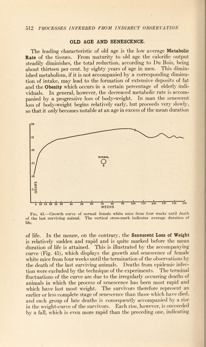 OLD AGE AND SENESCENCE. The leading characteristic of old age is the low average Metabolic Rate of the tissues. From maturity to old age the calorific output steadily diminishes, the total reduction, according to Du Bois, being about thirteen per cent, by eighty years of age in men. This dimin¬ ished metabolism, if it is not accompanied by a corresponding diminu¬ tion of intake, may lead to the formation of extensive deposits of fat and the Obesity which occurs in a certain percentage of elderly indi¬ viduals. In general, however, the decreased metabolic rate is accom¬ panied by a progressive loss of body-weight. In man the senescent loss of body-weight begins relatively early, but proceeds very slowly, so that it only becomes notable at an age in excess of the mean duration Fig. 45.—Growth curve of normal female white mice from four weeks until death of the last surviving animal. The vertical cross-mark indicates average duration of life. of life. In the mouse, on the contrary, the Senescent Loss of Weight is relatively sudden and rapid and is quite marked before the mean duration of life is attained. This is illustrated by the accompanying curve (Fig. 45), which displays the growth and senescence of female white mice from four weeks until the termination of the observations by the death of the last surviving animals. Deaths from epidemic infec¬ tion were excluded by the technique of the experiments. The terminal fluctuations of the curve are due to the irregularly occurring deaths of animals in which the process of senescence has been most rapid and which have lost most weight. The survivors therefore represent an earlier or less complete stage of senescence than those which have died, and each group of late deaths is consequently accompanied by a rise in the weight-curve of the survivors. Each rise, however, is succeeded by a fall, which is even more rapid than the preceding one, indicating