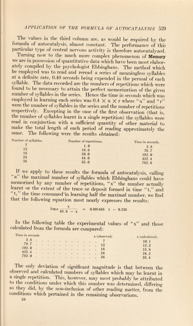 Ihe values in the third column are, as would be required by the formula of autocatalysis, almost constant. The performance of this particular type of central nervous activity is therefore autocatalyzed. Turning now to the much more complex phenomenon of Memory we are in possession of quantitative data which have been most elabor- ately compiled by the psychologist Ebbinghaus. The method which he employed was to read and reread a series of meaningless syllables at a definite rate, 0.40 seconds being expended in the perusal of each sa liable. 1 he data recorded are the numbers of repetitions which were found to be necessary to attain the perfect memorization of the given number of syllables in the series. Hence the time in seconds which was employed in learning each series was 0.4 x n X r where “n” and “r” were the number of syllables in the series and the number of repetitions respectively. Excepting in the case of the first observation (that is, the number of syllables learnt in a single repetition) the syllables were read in conjunction with a sufficient quantity of other material to make the total length of each period of reading approximately the same. The following were the results obtained: Number of syllables. 7 12 16 24 36 Number of repetitions. 1.0 16.6 30.0 44.0 55.0 Time in seconds. 2.8 79.7 192.0 422.4 792.0 If we apply to these results the formula of autocatalysis, calling a the maximal number of syllables which Ebbinghaus could have memorized by any number of repetitions, “x” the number actually learnt or the extent of the trace or deposit formed in time “t,” and t, the time consumed in learning half the maximal number, we find that the following equation most nearly expresses the results: logl° - = 0.001468 t - 0.526 43.6 — x In the following table the experimental values of “x” and those calculated from the formula are compared: Time in seconds 2.8 . 79.7 . 192.0 . 422.4 . 792.0 . x(observed) . . 7 . . 12 . . 16 . . 24 . . 36 x (calculated). 10.1 12.2 15.8 24.2 35.4 the only deviation of significant magnitude is that between the observed and calculated numbers of syllables which may be learnt in a single repetition. This, however, may most probably be attributed to the conditions under which this number was determined, differing as they did, by the non-inclusion of other reading matter, from the conditions which pertained in the remaining observations. 34