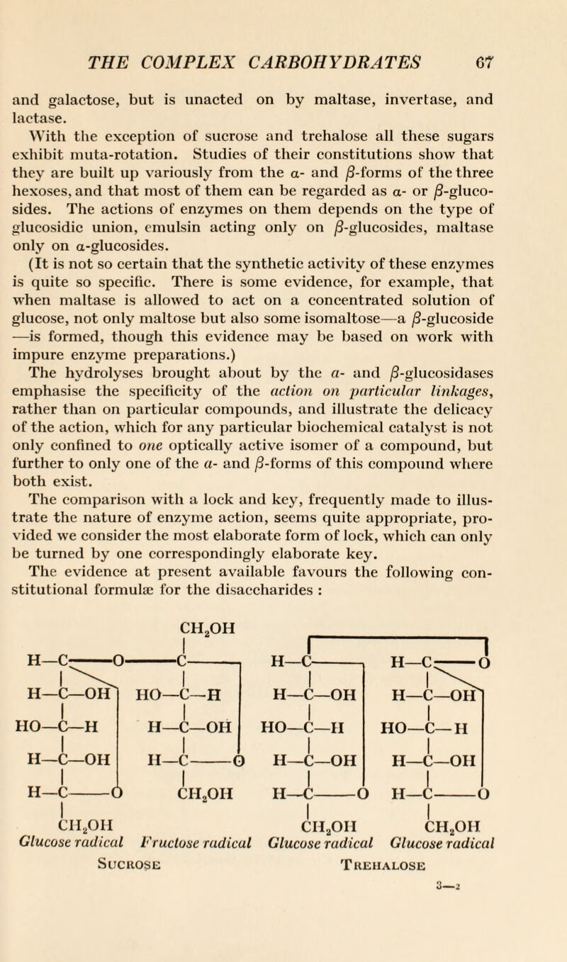 and galactose, but is unacted on by maltase, invertase, and lactase. With the exception of sucrose and trehalose all these sugars exhibit muta-rotation. Studies of their constitutions show that they are built up variously from the a- and /3-forms of the three hexoses, and that most of them can be regarded as a- or /3-gluco- sides. The actions of enzymes on them depends on the type of glucosidic union, cmulsin acting only on j3-glucosides, maltase only on a-glucosides. (It is not so certain that the synthetic activity of these enzjmies is quite so specific. There is some evidence, for example, that when maltase is allowed to act on a concentrated solution of glucose, not only maltose but also some isomaltose—a ^3-glucoside -—is formed, though this evidence may be based on work with impure enzyme preparations.) The hydrolyses brought about by the a- and /3-glucosidases emphasise the specificity of the action on particular linkages, rather than on particular compounds, and illustrate the delicacy of the action, which for any particular biochemical catalyst is not only confined to one optically active isomer of a compound, but further to only one of the a- and /3-forms of this compound where both exist. The comparison with a lock and key, frequently made to illus¬ trate the nature of enzyme action, seems quite appropriate, pro¬ vided we consider the most elaborate form of lock, which can only be turned by one correspondingly elaborate key. The evidence at present available favours the following con¬ stitutional formulae for the disaccharides : ch2oh H—C- H—C—OH I HO—C— H I H—C—OH I H—C- HO—C—H I H—C—OH -6 II—C- I CH-OH O H—C- I H—C—OH I HO—C—II I H—C—OH I II—C I CHaOH H—C H—C—OH I HO—C—II I H—C—OH O H—C- -O CH2OH Glucose radical Fructose radical Glucose radical Glucose radical CH2OII Sucrose Trehalose 3—2