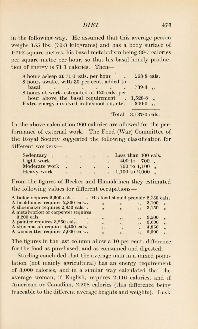 in the following way. He assumed that this average person weighs 155 lbs. (70-3 kilograms) and has a body surface of 1-792 square metres, his basal metabolism being 39-7 calories per square metre per hour, so that his basal hourly produc¬ tion of energy is 71 1 calories. Then— 8 hours asleep at 71 1 cals, per hour . 568-8 cals. 8 hours awake, with 30 per cent, added to basal. 739-4 „ 8 hours at work, estimated at 120 cals, per hour above the basal requirement . 1,528-8 ,, Extra energy involved in locomotion, etc. 300-0 ,, Total 3,137-0 cals. In the above calculation 960 calories are allowed for the per¬ formance of external work. The Food (War) Committee of the Royal Society suggested the following classification for different workers— Sedentary . Light work Moderate work Heavy work Less than 400 cals. 400 to 700 „ 700 to 1,100 „ 1,100 to 2,000 „ From the figures of Becker and Hamalainen they estimated the following values for different occupations— A tailor requires 2,500 cals.. A bookbinder requires 2,800 cals.. A shoemaker requires 2,850 cals. . A metalworker or carpenter requires 3,200 cals. .... A painter requires 3,250 cals. A stonemason requires 4,400 cals. A woodcutter requires 5,000 cals.. His food should provide 2,750 cals. „ „ „ 3,100 „ ,i ,, ,, 3,150 ,, )l 99 9) 99 55 55 5 5 5 5 ,, 3,500 ,, „ 3,000 „ „ 4,850 „ .. 5,500 „ The figures in the last column allow a 10 per cent, difference for the food as purchased, and as consumed and digested. Starling concluded that the average man in a mixed popu¬ lation (not mainly agricultural) has an energy requirement of 3,000 calories, and in a similar way calculated that the average woman, if English, requires 2,116 calories, and if American or Canadian, 2,208 calories (this difference being traceable to the different average heights and weights). Lusk