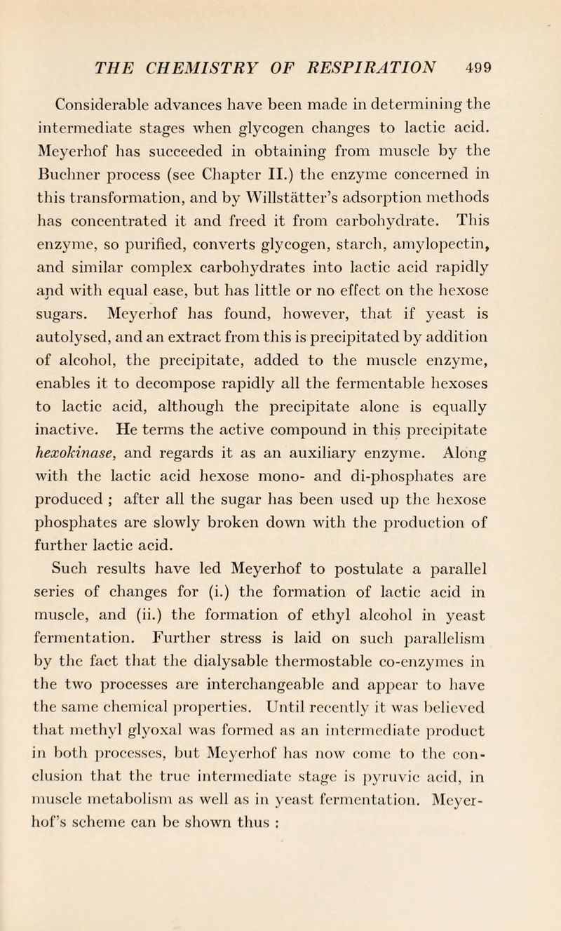 Considerable advances have been made in determining the intermediate stages when glycogen changes to lactic acid. Meyerhof has succeeded in obtaining from muscle by the Buchner process (see Chapter II.) the enzyme concerned in this transformation, and by Willstatter’s adsorption methods has concentrated it and freed it from carbohydrate. This enzyme, so purified, converts glycogen, starch, amylopectin, and similar complex carbohydrates into lactic acid rapidly and with equal ease, but has little or no effect on the hexose sugars. Meyerhof has found, however, that if yeast is autolysed, and an extract from this is precipitated by addition of alcohol, the precipitate, added to the muscle enzyme, enables it to decompose rapidly all the fermentable hexoses to lactic acid, although the precipitate alone is equally inactive. He terms the active compound in this precipitate hexokinase, and regards it as an auxiliary enzyme. Along with the lactic acid hexose mono- and di-phosphates are produced ; after all the sugar has been used up the hexose phosphates are slowly broken down with the production of further lactic acid. Such results have led Meyerhof to postulate a parallel series of changes for (i.) the formation of lactic acid in muscle, and (ii.) the formation of ethyl alcohol in yeast fermentation. Further stress is laid on such parallelism by the fact that the dialysable thermostable co-enzymes in the two processes are interchangeable and appear to have the same chemical properties. Until recently it was believed that methyl glyoxal was formed as an intermediate product in both processes, but Meyerhof has now come to the con¬ clusion that the true intermediate stage is pyruvic acid, in muscle metabolism as well as in yeast fermentation. Meyer¬ hof’s scheme can be shown thus :