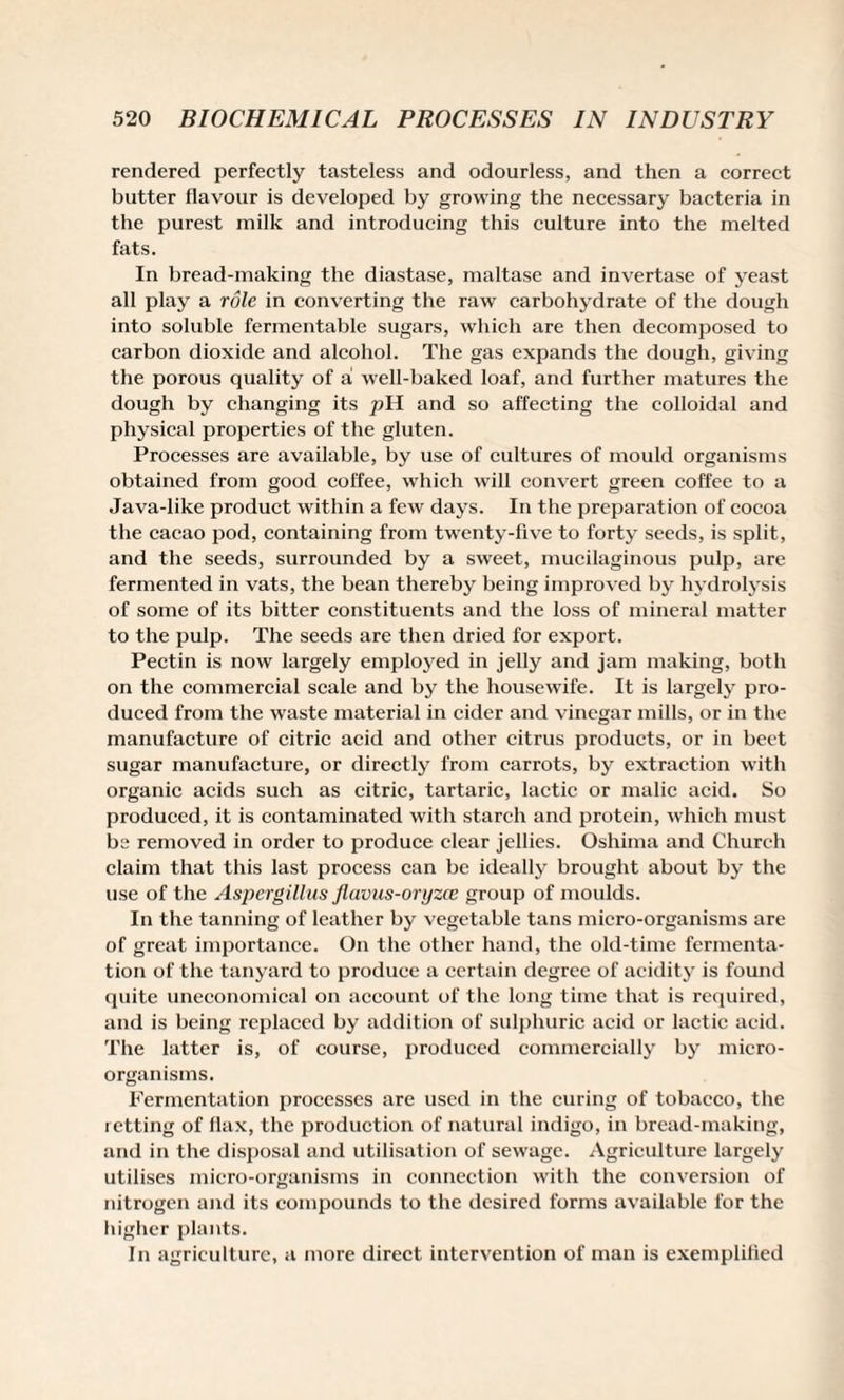 rendered perfectly tasteless and odourless, and then a correct butter flavour is developed by growing the necessary bacteria in the purest milk and introducing this culture into the melted fats. In bread-making the diastase, maltase and invertase of yeast all play a role in converting the raw carbohydrate of the dough into soluble fermentable sugars, which are then decomposed to carbon dioxide and alcohol. The gas expands the dough, giving the porous quality of a! well-baked loaf, and further matures the dough by changing its pH and so affecting the colloidal and physical properties of the gluten. Processes are available, by use of cultures of mould organisms obtained from good coffee, which will convert green coffee to a Java-like product within a few days. In the preparation of cocoa the cacao pod, containing from twenty-five to forty seeds, is split, and the seeds, surrounded by a sweet, mucilaginous pulp, are fermented in vats, the bean thereby being improved by hydrolysis of some of its bitter constituents and the loss of mineral matter to the pulp. The seeds are then dried for export. Pectin is now largely employed in jelly and jam making, both on the commercial scale and by the housewife. It is largely pro¬ duced from the waste material in cider and vinegar mills, or in the manufacture of citric acid and other citrus products, or in beet sugar manufacture, or directly from carrots, by extraction with organic acids such as citric, tartaric, lactic or malic acid. So produced, it is contaminated with starch and protein, which must be removed in order to produce clear jellies. Oshima and Church claim that this last process can be ideally brought about by the use of the Aspergillus Jlaviis-oryzce group of moulds. In the tanning of leather by vegetable tans micro-organisms are of great importance. On the other hand, the old-time fermenta¬ tion of the tanyard to produce a certain degree of acidity is found quite uneconomical on account of the long time that is required, and is being replaced by addition of sulphuric acid or lactic acid. The latter is, of course, produced commercially by micro¬ organisms. Fermentation processes are used in the curing of tobacco, the retting of llax, the production of natural indigo, in bread-making, and in the disposal and utilisation of sewage. Agriculture largely utilises micro-organisms in connection with the conversion of nitrogen and its compounds to the desired forms available lor the higher plants. In agriculture, a more direct intervention of man is exemplified