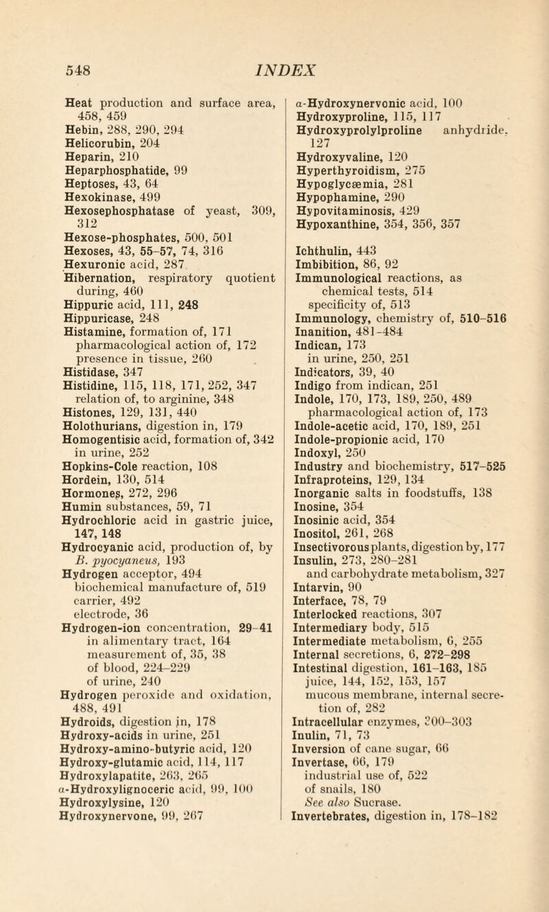 Heat production and surface area, 458, 459 Hebin, 288, 290, 294 Helicorubin, 204 Heparin, 210 Heparphosphatide, 99 Heptoses, 43, 64 Hexokinase, 499 Hexosephosphatase of yeast, 309, 312 Hexose-phosphates, 500, 501 Hexoses, 43, 55-57, 74, 316 Hexuronic acid, 287 Hibernation, respiratory quotient during, 460 Hippuric acid, 111, 248 Hippuricase, 248 Histamine, formation of, 171 pharmacological action of, 172 presence in tissue, 260 Histidase, 347 Histidine, 115, 118, 171,252, 347 relation of, to arginine, 348 Histones, 129, 131, 440 Holothurians, digestion in, 179 Homogentisic acid, formation of, 342 in urine, 252 Hopkins-Cole reaction, 108 Hordein, 130, 514 Hormones, 272, 296 Humin substances, 59, 71 Hydrochloric acid in gastric juice, 147, 148 Hydrocyanic acid, production of, by B. pyocyaneus, 193 Hydrogen acceptor, 494 biochemical manufacture of, 519 carrier, 492 electrode, 36 Hydrogen-ion concentration, 29-41 in alimentary tract, 164 measurement of, 35, 38 of blood, 224-229 of urine, 240 Hydrogen peroxide and oxidation, 488, 491 Hydroids, digestion jn, 178 Hydroxy-acids in urine, 251 Hydroxy-amino-butyric acid, 120 Hydroxy-glutamic acid, 114, 117 Hydroxylapatite, 263, 265 a-Hydroxylignoceric acid, 99, 100 Hydroxylysine, 120 Hydroxynervone, 99, 207 I a-Hydroxynervonic acid, 100 Hydroxyproline, 115, 117 Hydroxyprolylproline anhydride. 127 Hydroxyvaline, 120 Hyperthyroidism, 275 Hypoglycaemia, 281 Hypophamine, 290 Hypovitaminosis, 429 Hypoxanthine, 354, 356, 357 Ichthulin, 443 Imbibition, 86, 92 Immunological reactions, as chemical tests, 514 specificity of, 513 Immunology, chemistry of, 510-516 Inanition, 481-484 Indican, 173 in urine, 250, 251 Indicators, 39, 40 Indigo from indican, 251 Indole, 170, 173, 189, 250, 489 pharmacological action of, 173 Indole-acetic acid, 170, 189, 251 Indole-propionic acid, 170 Indoxyl, 250 Industry and biochemistry, 517-525 Infraproteins, 129, 134 Inorganic salts in foodstuffs, 138 Inosine, 354 Inosinic acid, 354 Inositol, 261, 268 Insectivorous plants, digestion by, 177 Insulin, 273, 280-281 and carbohydrate metabolism, 327 Intarvin, 90 Interface, 78, 79 Interlocked reactions, 307 Intermediary body, 515 Intermediate metabolism, 6, 255 Internal secretions, 6, 272-298 Intestinal digestion, 161-163, 185 juice, 144, 152, 153, 157 mucous membrane, internal secre¬ tion of, 282 Intracellular enzymes, 300-303 Inulin, 71, 73 Inversion of cane sugar, 66 Invertase, 66, 179 industrial use of, 522 of snails, 180 See also Sucrase. Invertebrates, digestion in, 178-182