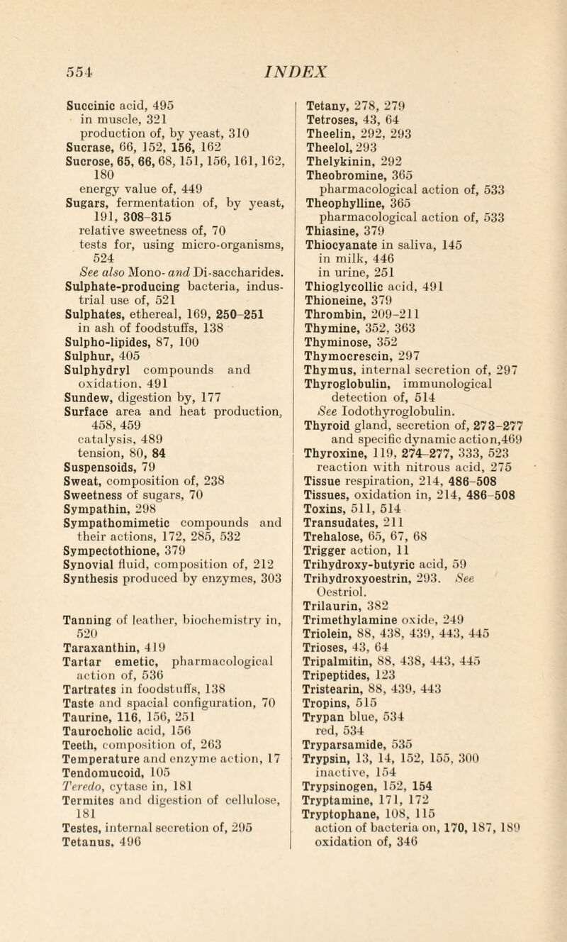 Succinic acid, 495 in muscle, 321 production of, by yeast, 310 Sucrase, 66, 152, 156, 162 Sucrose, 65, 66, 68, 151, 156,161,162, 180 energy value of, 449 Sugars, fermentation of, by yeast, 191, 308 315 relative sweetness of, 70 tests for, using micro-organisms, 524 See also Mono- and Di-saccharides. Sulphate-producing bacteria, indus¬ trial use of, 521 Sulphates, ethereal, 169, 250-251 in ash of foodstuffs, 138 Sulpho-lipides, 87, 100 Sulphur, 405 Sulphydryl compounds and oxidation. 491 Sundew, digestion by, 177 Surface area and heat production, 458, 459 catalysis, 489 tension, 80, 84 Suspensoids, 79 Sweat, composition of, 238 Sweetness of sugars, 70 Sympathin, 298 Sympathomimetic compounds and their actions, 172, 285, 532 Sympectothione, 379 Synovial fluid, composition of, 212 Synthesis produced by enzymes, 303 Tanning of leather, biochemistry in, 520 Taraxanthin, 419 Tartar emetic, pharmacological action of, 536 Tartrates in foodstuffs, 138 Taste and spacial configuration, 70 Taurine, 116, 156, 251 Taurocholic acid, 156 Teeth, composition of, 263 Temperature and enzyme action, 17 Tendomucoid, 105 Teredo, cytase in, 181 Termites and digestion of cellulose, 181 Testes, internal secretion of, 295 Tetanus, 496 | Tetany, 278, 279 Tetroses, 43, 64 Thcelin, 292, 293 Theelol, 293 Thelykinin, 292 Theobromine, 365 pharmacological action of, 533 Theophylline, 365 pharmacological action of, 533 Thiasine, 379 Thiocyanate in saliva, 145 in milk, 446 in urine, 251 Thioglycollic acid, 491 Thioneine, 379 Thrombin, 209-211 Thymine, 352, 363 Thyminose, 352 Thymocrescin, 297 Thymus, internal secretion of, 297 Thyroglobulin, immunological detection of, 514 See Iodothyroglobulin. Thyroid gland, secretion of, 273-277 and specific dynamic action,469 Thyroxine, 119, 274-277, 333, 523 reaction with nitrous acid, 275 Tissue respiration, 214, 486-508 Tissues, oxidation in, 214, 486 508 Toxins, 511, 514 Transudates, 211 Trehalose, 65, 67, 68 Trigger action, 11 Trihydroxy-butyric acid, 59 Trihydroxyoestrin, 293. See Oestriol. Trilaurin, 382 Trimethylamine oxide, 249 Triolein, 88, 438, 439, 443, 445 Trioses, 43, 64 Tripalmitin, 88, 438, 443, 445 Tripeptides, 123 Tristearin, 88, 439, 443 Tropins, 515 Trypan blue, 534 red, 534 Tryparsamide, 535 Trypsin, 13, 14, 152, 155, 300 inactive, 154 Trypsinogen, 152, 154 Tryptamine, 171, 172 Tryptophane, 108, 115 action of bacteria on, 170, 187, 189 oxidation of, 346