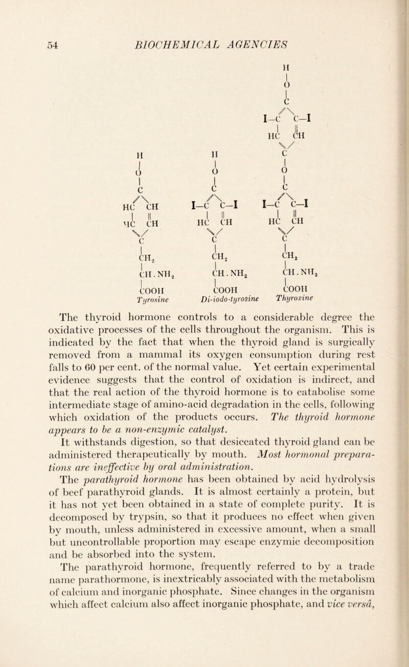 H 1 O II II 1 0 1 c i-ZV-i HC (Sit V/ c 1 1 0 i 0 1 1 c 1 c 1 c /\ — /\ - I—c c—I HC CH I—c c—I 1 II HC CH HC CH 1 II HC CH \/ \/ \/ C i c 1 c 1 1 CH2 1 ch2 ch2 1 1 ch.nh2 1 CH.NH2 CH.NH i 1 COOH | COOH COOH Tyrosine Di-iodo-tyrosine Thyroxine The thyroid hormone controls to a considerable degree the oxidative processes of the cells throughout the organism. This is indicated by the fact that when the thyroid gland is surgically removed from a mammal its oxygen consumption during rest falls to 60 per cent, of the normal value. Yet certain experimental evidence suggests that the control of oxidation is indirect, and that the real action of the thyroid hormone is to catabolise some intermediate stage of amino-acid degradation in the cells, following which oxidation of the products occurs. The thyroid hormone appears to be a non-enzymic catalyst. It withstands digestion, so that desiccated thyroid gland can be administered therapeutically by mouth. Most hormonal prepara¬ tions are ineffective by oral administration. The parathyroid hormone has been obtained by acid hydrolysis of beef parathyroid glands. It is almost certainly a protein, but it has not yet been obtained in a state of complete purity. It is decomposed by trypsin, so that it produces no effect when given by mouth, unless administered in excessive amount, when a small but uncontrollable proportion may escape enzymic decomposition and be absorbed into the system. The parathyroid hormone, frequently referred to by a trade name parathormone, is inextricably associated with the metabolism of calcium and inorganic phosphate. Since changes in the organism which affect calcium also affect inorganic phosphate, and vice versa,