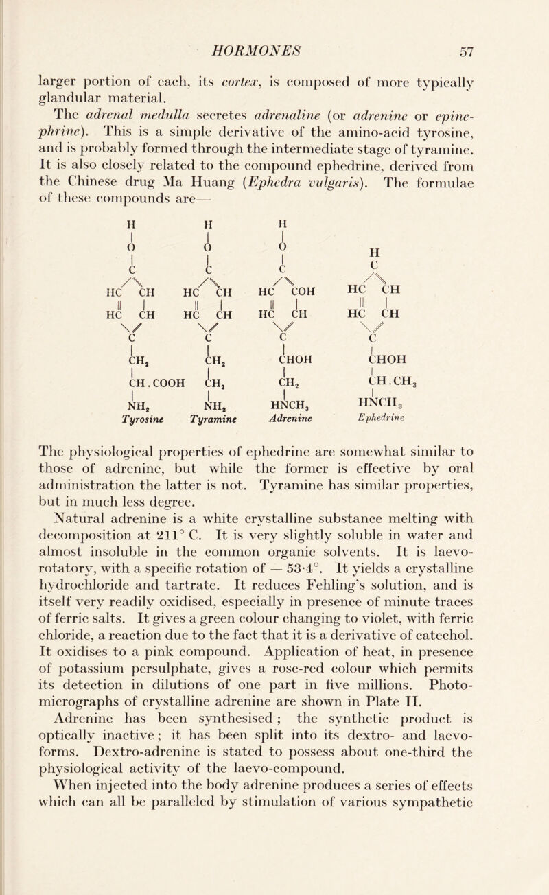 larger portion of each, its cortex, is composed of more typically glandular material. The adrenal medulla secretes adrenaline (or adrenine or epine¬ phrine). This is a simple derivative of the amino-acid tyrosine, and is probably formed through the intermediate stage of tyramine. It is also closely related to the compound ephedrine, derived from the Chinese drug Ma Huang (Ephedra vulgaris). The formulae of these compounds are— H II 0 i | 1 c 1 c /\ /\ lie CH HC CH II 1 II 1 HC CH HC CH \/ \/ C C I I CHa CH2 I ! CH. COOH CH2 I I NH2 NH2 Tyros ine Tyramine H 0 1 H c C /\ /\ HC COH II 1 HC CH II 1 HC CH || HC CH \/ \/ C C ! i CHOH CHOH | I ch2 ch.ch3 HNCHj HNCH3 Adrenine Ephedrine The physiological properties of ephedrine are somewhat similar to those of adrenine, but while the former is effective by oral administration the latter is not. Tyramine has similar properties, but in much less degree. Natural adrenine is a white crystalline substance melting with decomposition at 211° C. It is very slightly soluble in water and almost insoluble in the common organic solvents. It is laevo- rotatory, with a specific rotation of — 53*4°. It yields a crystalline hydrochloride and tartrate. It reduces Fehling’s solution, and is itself very readily oxidised, especially in presence of minute traces of ferric salts. It gives a green colour changing to violet, with ferric chloride, a reaction due to the fact that it is a derivative of catechol. It oxidises to a pink compound. Application of heat, in presence of potassium persulphate, gives a rose-red colour which permits its detection in dilutions of one part in five millions. Photo¬ micrographs of crystalline adrenine are shown in Plate II. Adrenine has been synthesised ; the synthetic product is optically inactive; it has been split into its dextro- and laevo- forms. Dextro-adrenine is stated to possess about one-third the physiological activity of the laevo-compound. When injected into the body adrenine produces a series of effects which can all be paralleled by stimulation of various sympathetic