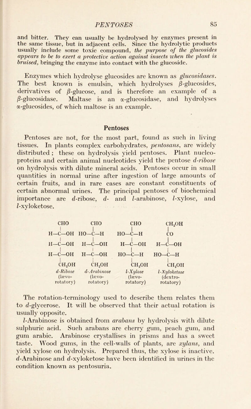 and bitter. They can usually be hydrolysed by enzymes present in the same tissue, but in adjacent cells. Since the hydrolytic products usually include some toxic compound, the purpose of the glucosides appears to he to exert a protective action against insects when the plant is bruised, bringing the enzyme into contact with the glucoside. Enzymes which hydrolyse glucosides are known as glucosidases. The best known is emulsin, which hydrolyses ^-glucosides, derivatives of /3-glucose, and is therefore an example of a /3-glucosidase. Maltase is an a-glucosidase, and hydrolyses a-glucosides, of which maltose is an example. Pentoses Pentoses are not, for the most part, found as such in living tissues. In plants complex carbohydrates, pentosans, are widely distributed ; these on hydrolysis yield pentoses. Plant nucleo- proteins and certain animal nucleotides yield the pentose d-ribose on hydrolysis with dilute mineral acids. Pentoses occur in small quantities in normal urine after ingestion of large amounts of certain fruits, and in rare cases are constant constituents of certain abnormal urines. The principal pentoses of biochemical importance are d-ribose, d- and Z-arabinose, Z-xylose, and Z-xyloketose. CHO CHO I I H—C—OH HO—C—H I H—C—OH I H—C—OH 1 ch2oh d-Ribose (laevo- rotatory) I H—C—OH I H—C—OH I ch2oh d-Arabinose (lacvo- rotatory) CHO HO—C—H I H—C—OH HO—C—H I ch2oh l-Xylose (laevo- rotatory) ch2oh I CO I H—C—OH I HO—C—H CH2OH l-Xyloketose (dextro¬ rotatory) The rotation-terminology used to describe them relates them to d-glycerose. It will be observed that their actual rotation is usually opposite. Z-Arabinose is obtained from arabans by hydrolysis with dilute sulphuric acid. Such arabans are cherry gum, peach gum, and gum arabic. Arabinose crystallises in prisms and has a sweet taste. Wood gums, in the cell-walls of plants, are xylans, and yield xylose on hydrolysis. Prepared thus, the xylose is inactive. d-Arabinose and d-xyloketose have been identified in urines in the condition known as pentosuria.