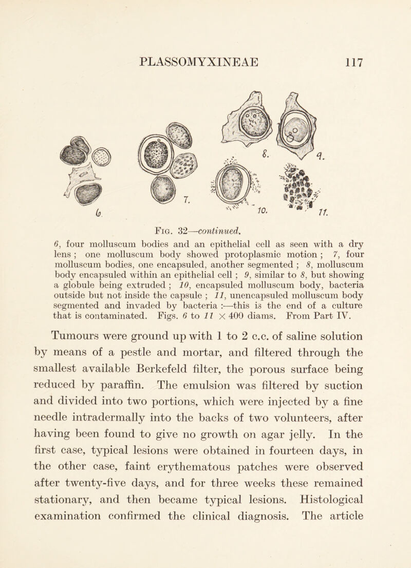 Fig. 32—continued. 6, four molluscum bodies and an epithelial cell as seen with a dry lens ; one molluscum body showed protoplasmic motion ; 7, four molluscum bodies, one encapsuled, another segmented ; 8, molluscum body encapsuled within an epithelial cell ; 9, similar to 8, but showing a globule being extruded ; 10, encapsuled molluscum body, bacteria outside but not inside the capsule ; 11, unencapsuled molluscum body segmented and invaded by bacteria :—this is the end of a culture that is contaminated. Figs. 6 to 11 X 400 diams. From Part IV. Tumours were ground up with 1 to 2 c.c. of saline solution by means of a pestle and mortar, and filtered through the smallest available Berkefeld filter, the porous surface being reduced by paraffin. The emulsion was filtered by suction and divided into two portions, which were injected by a fine needle intradermally into the backs of two volunteers, after having been found to give no growth on agar jelly. In the first case, typical lesions were obtained in fourteen days, in the other case, faint erythematous patches were observed after twenty-five days, and for three weeks these remained stationary, and then became typical lesions. Histological examination confirmed the clinical diagnosis. The article