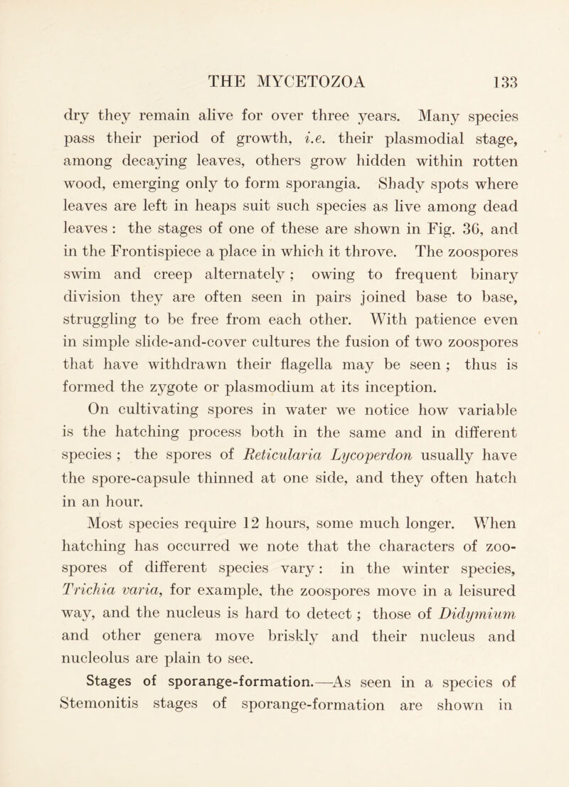dry they remain alive for over three years. Many species pass their period of growth, i.e. their plasmodial stage, among decaying leaves, others grow hidden within rotten wood, emerging only to form sporangia. Shady spots where leaves are left in heaps suit such species as live among dead leaves : the stages of one of these are shown in Fig. 36, and in the Frontispiece a place in which it throve. The zoospores swim and creep alternately; owing to frequent binary division they are often seen in pairs joined base to base, struggling to be free from each other. With patience even in simple slide-and-cover cultures the fusion of two zoospores that have withdrawn their flagella may be seen ; thus is formed the zygote or plasmodium at its inception. On cultivating spores in water we notice how variable is the hatching process both in the same and in different species ; the spores of Reticularia Lycoperdon usually have the spore-capsule thinned at one side, and they often hatch in an hour. Most species require 12 hours, some much longer. When hatching has occurred we note that the characters of zoo¬ spores of different species vary: in the winter species, Trichia varia, for example, the zoospores move in a leisured way, and the nucleus is hard to detect; those of Didymium and other genera move briskly and their nucleus and nucleolus are plain to see. Stages of sporange-formation.—As seen in a species of Stemonitis stages of sporange-formation are shown in