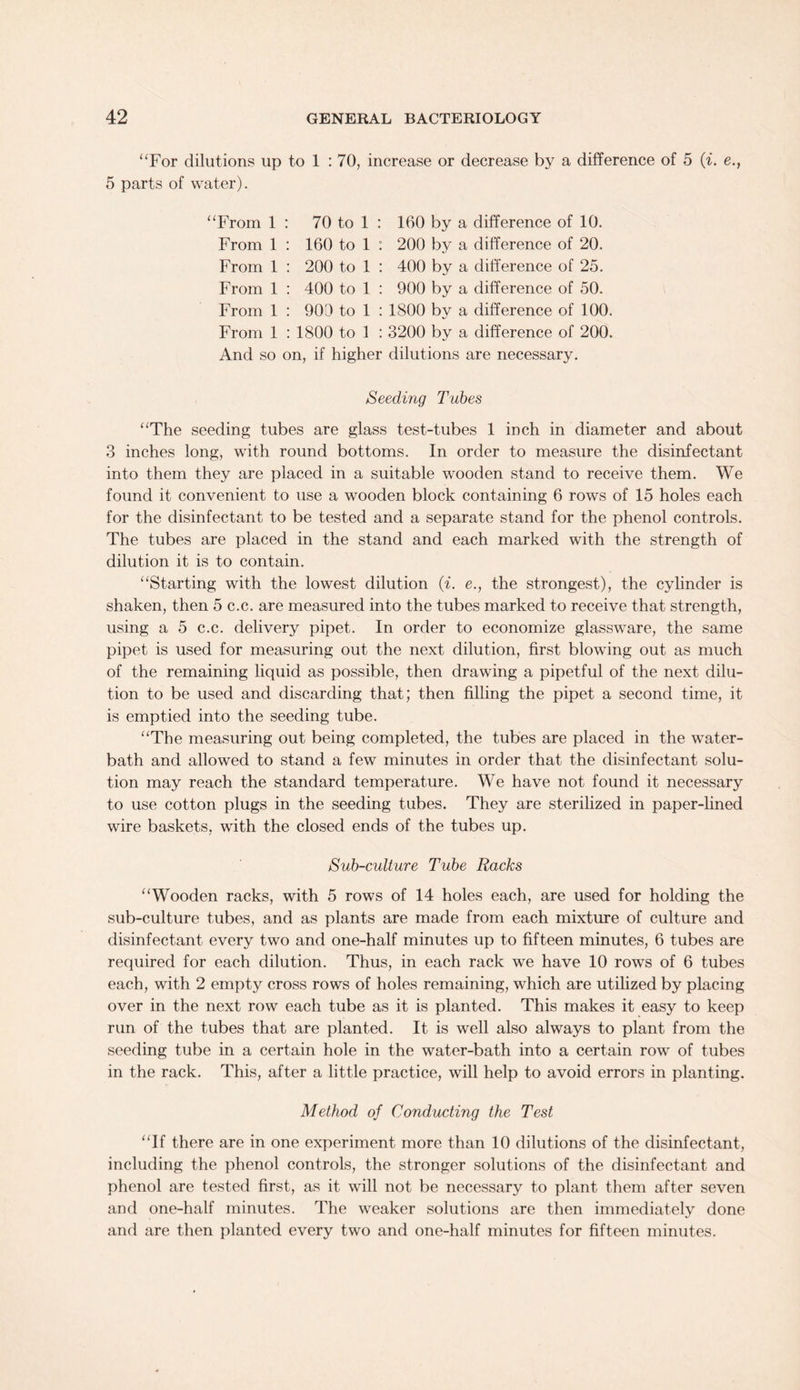 “For dilutions up to 1 : 70, increase or decrease by a difference of 5 (i. e., 5 parts of water). 70 to 1 : 160 by a difference of 10. 160 to 1 : 200 by a difference of 20. 200 to 1 : 400 by a difference of 25. 400 to 1 : 900 by a difference of 50. 909 to 1 : 1800 by a difference of 100. From 1 : 1800 to 1 : 3200 by a difference of 200. And so on, if higher dilutions are necessary. “From 1 From 1 From 1 From 1 From 1 Seeding Tubes “The seeding tubes are glass test-tubes 1 inch in diameter and about 3 inches long, with round bottoms. In order to measure the disinfectant into them they are placed in a suitable wooden stand to receive them. We found it convenient to use a wooden block containing 6 rows of 15 holes each for the disinfectant to be tested and a separate stand for the phenol controls. The tubes are placed in the stand and each marked with the strength of dilution it is to contain. “Starting with the lowest dilution (i. e., the strongest), the cylinder is shaken, then 5 c.c. are measured into the tubes marked to receive that strength, using a 5 c.c. delivery pipet. In order to economize glassware, the same pipet is used for measuring out the next dilution, first blowing out as much of the remaining liquid as possible, then drawing a pipetful of the next dilu¬ tion to be used and discarding that; then filling the pipet a second time, it is emptied into the seeding tube. “The measuring out being completed, the tubes are placed in the water- bath and allowed to stand a few minutes in order that the disinfectant solu¬ tion may reach the standard temperature. We have not found it necessary to use cotton plugs in the seeding tubes. They are sterilized in paper-lined wire baskets, with the closed ends of the tubes up. Sub-culture Tube Racks “Wooden racks, with 5 rows of 14 holes each, are used for holding the sub-culture tubes, and as plants are made from each mixture of culture and disinfectant every two and one-half minutes up to fifteen minutes, 6 tubes are required for each dilution. Thus, in each rack we have 10 rows of 6 tubes each, with 2 empty cross rows of holes remaining, which are utilized by placing over in the next row each tube as it is planted. This makes it easy to keep run of the tubes that are planted. It is well also always to plant from the seeding tube in a certain hole in the water-bath into a certain row of tubes in the rack. This, after a little practice, will help to avoid errors in planting. Method of Conducting the Test “If there are in one experiment more than 10 dilutions of the disinfectant, including the phenol controls, the stronger solutions of the disinfectant and phenol are tested first, as it will not be necessary to plant them after seven and one-half minutes. The weaker solutions are then immediately done and are then planted every two and one-half minutes for fifteen minutes.