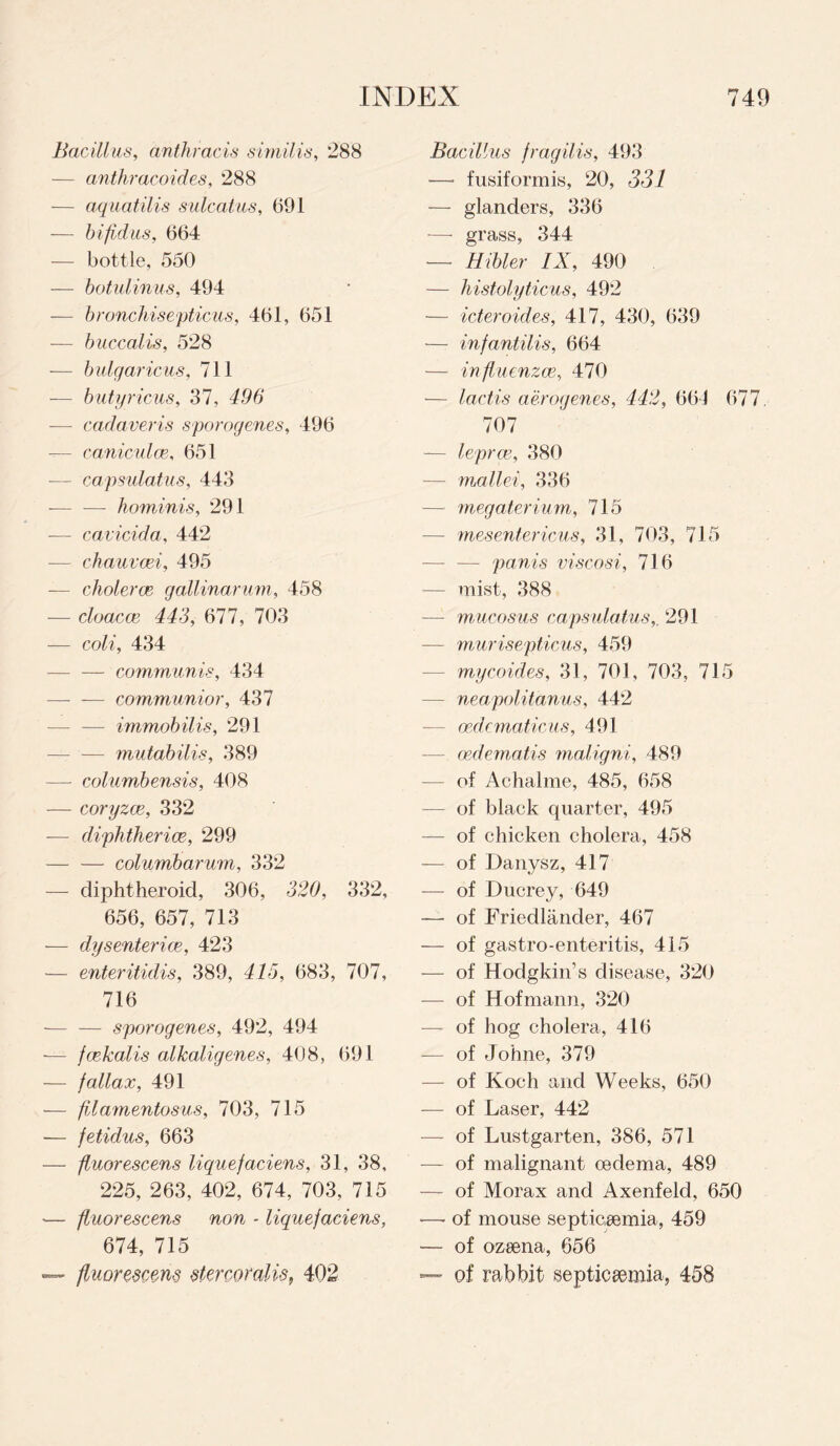 Bacillus, anthracis similis, 288 — anthracoid.es, 288 — aquatilis sulcatus, 691 — bifid us, 664 -— bottle, 550 -—- botulinus, 494 — bronchisepticus, 461, 651 -— buccalis, 528 -— bulgaricus, 711 — butyricus, 37, 496 — cadaveris sporogenes, 496 — caniculce, 651 — capsulatus, 443 -— -— hominis, 291 — cavicida, 442 — chauvcei, 495 — cholerce gallinarum, 458 — cloacce 443, 677, 703 — coli, 434 -communis, 434 — — communior, 437 -— — immobilis, 291 — — mutabilis, 389 —- columbensis, 408 — coryzae, 332 -— diphtheric, 299 — — columbarum, 332 — diphtheroid, 306, 320, 332, 656, 657, 713 -— dysenteric, 423 — enteritidis, 389, 415, 683, 707, 716 — — sporogenes, 492, 494 -— fckalis al/caligenes, 408, 691 — fallax, 491 — filamentosus, 703, 715 — fetidus, 663 — fluorescens liquefaciens, 31, 38, 225, 263, 402, 674, 703, 715 — fluorescens non - liquefaciens, 674, 715 — fluorescens stercoralis, 402 Bacillus fragilis, 493 —- fusiformis, 20, 331 — glanders, 336 — grass, 344 — Hibler IX, 490 — histolyticus, 492 — icteroides, 417, 430, 639 — infantilis, 664 — influenzae, 470 — lactis aerogenes, 442, 664 677. 707 — leprae, 380 — mallei, 336 — megaterium, 715 mesentericas, 31, 703, 715 — -— panis viscosi, 716 — mist, 388 — mucosus capsulatus,. 291 — murisepticus, 459 mycoides, 31, 701, 703, 715 — neapolitanus, 442 — oedematicus, 491 — cdematis maligni, 489 of Achalme, 485, 658 — of black quarter, 495 — of chicken cholera, 458 — of Danysz, 417 — of Ducrey, 649 —- of Friedlander, 467 — of gastro-enteritis, 415 — of Hodgkin’s disease, 320 — of Hofmann, 320 —• of hog cholera, 416 — of Johne, 379 — of Koch and Weeks, 650 — of Laser, 442 — of Lustgarten, 386, 571 — of malignant oedema, 489 of Morax and Axenfeld, 650 •—• of mouse septicaemia, 459 — of ozaena, 656 — of rabbit septicaemia, 458