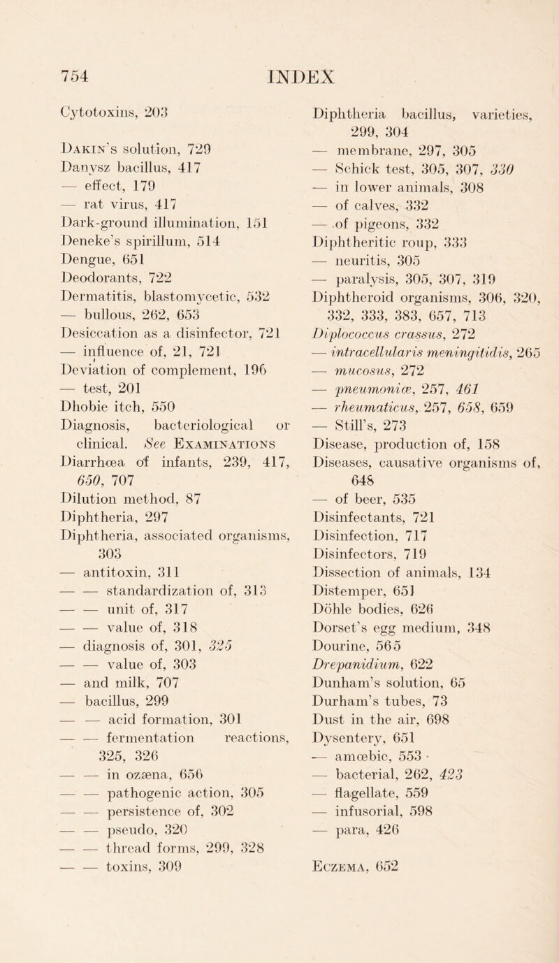 Cytotoxins, 208 Dakin’s solution, 729 Danysz bacillus, 417 — effect, 179 — rat virus, 417 Dark-ground illumination, 151 Deneke’s spirillum, 514 Dengue, 651 Deodorants, 722 Dermatitis, blastomycetic, 532 — bullous, 262, 653 Desiccation as a disinfector, 721 — influence of, 21, 721 i Deviation of complement, 196 — test, 201 Dhobie itch, 550 Diagnosis, bacteriological or clinical. See Examinations Diarrhoea of infants, 239, 417, 650, 707 Dilution method, 87 Diphtheria, 297 Diphtheria, associated organisms, 303 — antitoxin, 311 — — standardization of, 313 — — unit of, 317 — — value of, 318 — diagnosis of, 301, 325 — -— value of, 303 — and milk, 707 — bacillus, 299 -— -— acid formation, 301 — — fermentation reactions, 325, 326 — — in ozsena, 656 — — pathogenic action, 305 — — persistence of, 302 — — pseudo, 320 — — thread forms, 299, 328 — — toxins, 309 Diphtheria bacillus, varieties, 299, 304 — membrane, 297, 305 Schick test, 305, 307, 330 — in lower animals, 308 — of calves, 332 — .of pigeons, 332 Diphtheritic roup, 333 — neuritis, 305 — paralysis, 305, 307, 319 Diphtheroid organisms, 306, 320, 332, 333, 383, 657, 713 Diplococcus crassus, 272 — intracellular is meningitidis, 265 ■— mucosus, 272 — pneumoniae, 257, 461 -— rheumaticus, 257, 658, 659 — Still’s, 273 Disease, production of, 158 Diseases, causative organisms of, 648 — of beer, 535 Disinfectants, 721 Disinfection, 717 Disinfectors, 719 Dissection of animals, 134 Distemper, 651 Dohle bodies, 626 Dorset’s egg medium, 348 Dourine, 565 Drepanidium, 622 Dunham’s solution, 65 Durham’s tubes, 73 Dust in the air, 698 Dysentery, 651 — amoebic, 553 —- bacterial, 262, 423 — flagellate, 559 — infusorial, 598 — para, 426 Eczema, 652