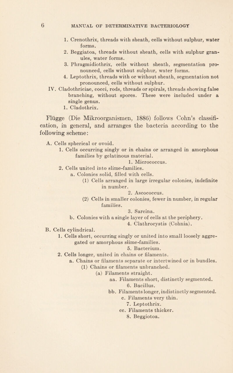 1. Crenothrix, threads with sheath, cells without sulphur, water forms. 2. Beggiatoa, threads without sheath, cells with sulphur gran¬ ules, water forms. 3. Phragmidiothrix, cells without sheath, segmentation pro¬ nounced, cells without sulphur, water forms. 4. Leptothrix, threads with or without sheath, segmentation not pronounced, cells without sulphur. IV. Cladothriciae, cocci, rods, threads or spirals, threads showing false branching, without spores. These were included under a single genus. 1. Cladothrix. Fliigge (Die Mikroorganismen, 1886) follows Cohn’s classifi¬ cation, in general, and arranges the bacteria according to the following scheme: A. Cells spherical or ovoid. 1. Cells occurring singly or in chains or arranged in amorphous families by gelatinous material. 1. Micrococcus. 2. Cells united into slime-families. a. Colonies solid, filled with cells. (1) C/ells arranged in large irregular colonies, indefinite in number. 2. Ascococcus. (2) Cells in smaller colonies, fewer in number, in regular families. 3. Sarcina. b. Colonies with a single layer of cells at the periphery. 4. Clathrocystis (Cohnia). B. Cells cylindrical. 1. Cells short, occurring singly or united into small loosely aggre¬ gated or amorphous slime-families. 5. Bacterium. 2. Cells longer, united in chains or filaments. a. Chains or filaments separate or intertwined or in bundles. (1) Chains or filaments unbranched. (a) Filaments straight. aa. Filaments short, distinctly segmented. 6. Bacillus. bb. Filaments longer, indistinctly segmented, c. Filaments very thin. 7. Leptothrix. cc. Filaments thicker. 8. Beggiotoa.