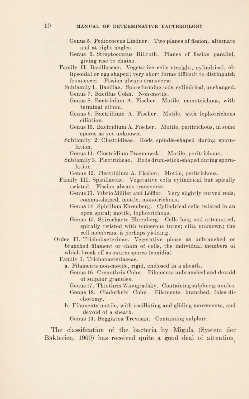 Genus 5. Pediococcus Lindner. Two planes of fission, alternate and at right angles. Genus 6. Streptococcus Billroth. Planes of fission parallel, giving rise to chains. Family II. Bacillaceae. Vegetative cells straight, cylindrical, el¬ lipsoidal or egg shaped; very short forms difficult to distinguish from cocci. Fission always transverse. Subfamily 1. Bacillae. Spore forming rods, cylindrical, unchanged. Genus 7. Bacillus Cohn. Non-motile. Genus 8. Bactrinium A. Fischer. Motile, monotrichous, with terminal cilium. Genus 9. Bactrillium A. Fischer. Motile, with lophotrichous ciliation. Genus 10. Bactridium A. Fischer. Motile, peritrichous, in some spores as yet unknown. Subfamily 2. Clostridieae. Rods spindle-shaped during sporu- lation. Genus 11. Clostridium Prazmowski. Motile, peritrichous. Subfamily 3. Plectridieae. Rods drum-stick-shaped during sporu- lation. Genus 12. Plectridium A. Fischer. Motile, peritrichous. Family III. Spirillaceae. Vegetative cells cylindrical but spirally twisted. Fission always transverse. Genus 13. Vibrio Muller and Loffler. Very slightly curved rods, comma-shaped, motile, monotrichous. Genus 14. Spirillum Ehrenberg. Cylindrical cells twisted in an open spiral; motile, lophotrichous. Genus 15. Spirochaete Ehrenberg. Cells long and attenuated, spirally twisted with numerous turns; cilia unknown; the cell membrane is perhaps yielding. Order II. Trichobacterinae. Vegetative phase as unbranched or branched filament or chain of cells, the individual members of which break off as swarm spores (conidia). Family 1. Trichobacteriaceae. a. Filaments non-motile, rigid, enclosed in a sheath. Genus 16. Crenothrix Cohn. Filaments unbranched and devoid of sulphur granules. Genus 17. Thiothrix Winogradsky. Containing sulphur granules. Genus 18. Cladothrix Cohn. Filaments branched, false di¬ chotomy. b. Filaments motile, with oscillating and gliding movements, and devoid of a sheath. Genus 19. Beggiatoa Trevisan. Containing sulphur. The classification of the bacteria by Migula (System der Bakterien, 1900) has received quite a good deal of attention
