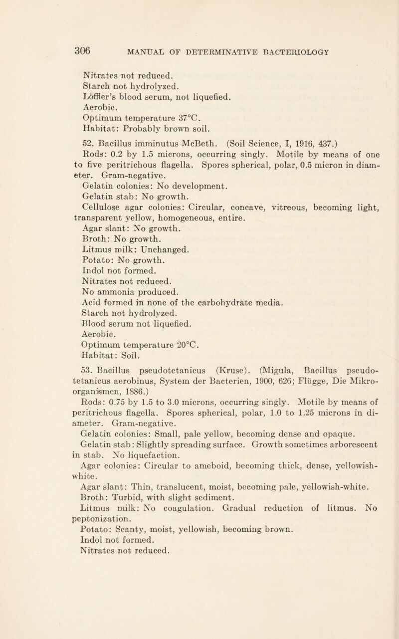 Nitrates not reduced. Starch not hydrolyzed. Loffler’s blood serum, not liquefied. Aerobic. Optimum temperature 37°C. Habitat: Probably brown soil. 52. Bacillus imminutus McBeth. (Soil Science, I, 1916, 437.) Hods: 0.2 by 1.5 microns, occurring singly. Motile by means of one to five peritrichous flagella. Spores spherical, polar, 0.5 micron in diam¬ eter. Gram-negative. Gelatin colonies: No development. Gelatin stab: No growth. Cellulose agar colonies: Circular, concave, vitreous, becoming light, transparent yellow, homogeneous, entire. Agar slant: No growth. Broth: No growth. Litmus milk: Unchanged. Potato: No growth. Indol not formed. Nitrates not reduced. No ammonia produced. Acid formed in none of the carbohydrate media. Starch not hydrolyzed. Blood serum not liquefied. Aerobic. Optimum temperature 20°C. Habitat: Soil. 53. Bacillus pseudotetanicus (Kruse). (Migula, Bacillus pseudo- tetanicus aerobinus, System der Bacterien, 1900, 626; Fltigge, Die Mikro- organismen, 1886.) Rods: 0.75 by 1.5 to 3.0 microns, occurring singly. Motile by means of peritrichous flagella. Spores spherical, polar, 1.0 to 1.25 microns in di¬ ameter. Gram-negative. Gelatin colonies: Small, pale yellow, becoming dense and opaque. Gelatin stab: Slightly spreading surface. Growth sometimes arborescent in stab. No liquefaction. Agar colonies: Circular to ameboid, becoming thick, dense, yellowish- white. Agar slant: Thin, translucent, moist, becoming pale, yellowish-white. Broth: Turbid, with slight sediment. Litmus milk: No coagulation. Gradual reduction of litmus. No peptonization. Potato: Scanty, moist, yellowish, becoming brown. Indol not formed. Nitrates not reduced.