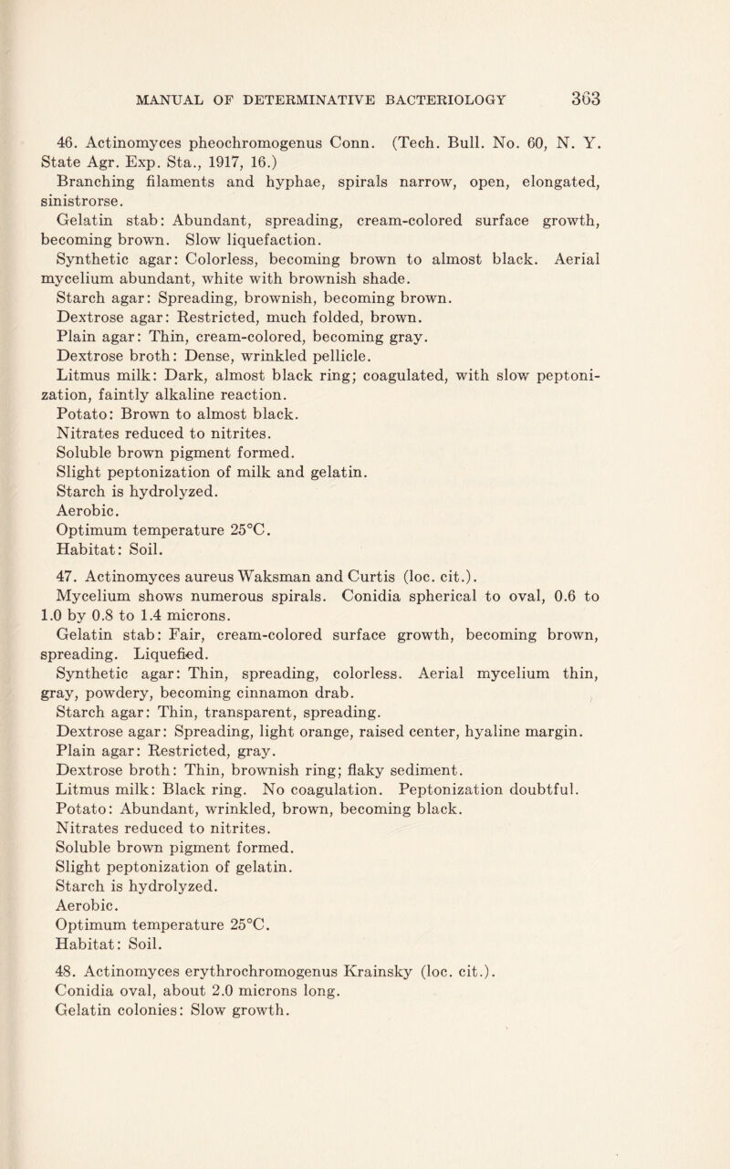 46. Actinomyces pheochromogenus Conn. (Tech. Bull. No. 60, N. Y. State Agr. Exp. Sta., 1917, 16.) Branching filaments and hyphae, spirals narrow, open, elongated, sinistrorse. Gelatin stab: Abundant, spreading, cream-colored surface growth, becoming brown. Slow liquefaction. Synthetic agar: Colorless, becoming brown to almost black. Aerial mycelium abundant, white with brownish shade. Starch agar: Spreading, brownish, becoming brown. Dextrose agar: Restricted, much folded, brown. Plain agar: Thin, cream-colored, becoming gray. Dextrose broth: Dense, wrinkled pellicle. Litmus milk: Dark, almost black ring; coagulated, with slow peptoni¬ zation, faintly alkaline reaction. Potato: Brown to almost black. Nitrates reduced to nitrites. Soluble brown pigment formed. Slight peptonization of milk and gelatin. Starch is hydrolyzed. Aerobic. Optimum temperature 25°C. Habitat: Soil. 47. Actinomyces aureus Waksman and Curtis (loc. cit.). Mycelium shows numerous spirals. Conidia spherical to oval, 0.6 to 1.0 by 0.8 to 1.4 microns. Gelatin stab: Fair, cream-colored surface growth, becoming brown, spreading. Liquefied. Synthetic agar: Thin, spreading, colorless. Aerial mycelium thin, gray, powdery, becoming cinnamon drab. Starch agar: Thin, transparent, spreading. Dextrose agar: Spreading, light orange, raised center, hyaline margin. Plain agar: Restricted, gray. Dextrose broth: Thin, brownish ring; flaky sediment. Litmus milk: Black ring. No coagulation. Peptonization doubtful. Potato: Abundant, wrinkled, brown, becoming black. Nitrates reduced to nitrites. Soluble brown pigment formed. Slight peptonization of gelatin. Starch is hydrolyzed. Aerobic. Optimum temperature 25°C. Habitat: Soil. 48. Actinomyces erythrochromogenus Krainsky (loc. cit.). Conidia oval, about 2.0 microns long. Gelatin colonies: Slow growth.