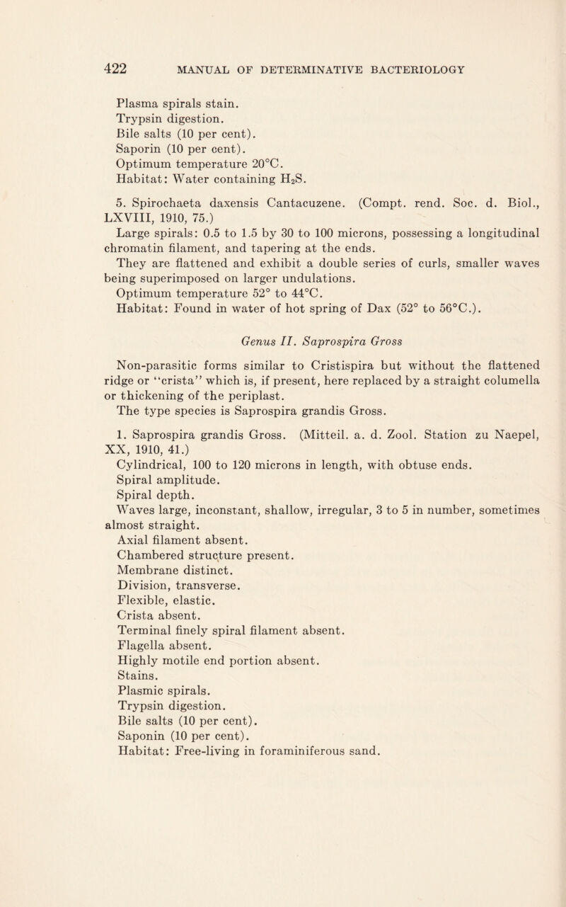 Plasma spirals stain. Trypsin digestion. Bile salts (10 per cent). Saporin (10 per cent). Optimum temperature 20°C. Habitat: Water containing H2S. 5. Spirochaeta daxensis Cantacuzene. (Compt. rend. Soc. d. Biol., LXVIII, 1910, 75.) Large spirals: 0.5 to 1.5 by 30 to 100 microns, possessing a longitudinal chromatin filament, and tapering at the ends. They are flattened and exhibit a double series of curls, smaller waves being superimposed on larger undulations. Optimum temperature 52° to 44°C. Habitat: Found in water of hot spring of Dax (52° to 56°C.). Genus II. Saprospira Gross Non-parasitic forms similar to Cristispira but without the flattened ridge or “crista” which is, if present, here replaced by a straight columella or thickening of the periplast. The type species is Saprospira grandis Gross. 1. Saprospira grandis Gross. (Mitteil. a. d. Zool. Station zu Naepel, XX, 1910, 41.) Cylindrical, 100 to 120 microns in length, with obtuse ends. Spiral amplitude. Spiral depth. Waves large, inconstant, shallow, irregular, 3 to 5 in number, sometimes almost straight. Axial filament absent. Chambered structure present. Membrane distinct. Division, transverse. Flexible, elastic. Crista absent. Terminal finely spiral filament absent. Flagella absent. Highly motile end portion absent. Stains. Plasmic spirals. Trypsin digestion. Bile salts (10 per cent). Saponin (10 per cent). Habitat: Free-living in foraminiferous sand.