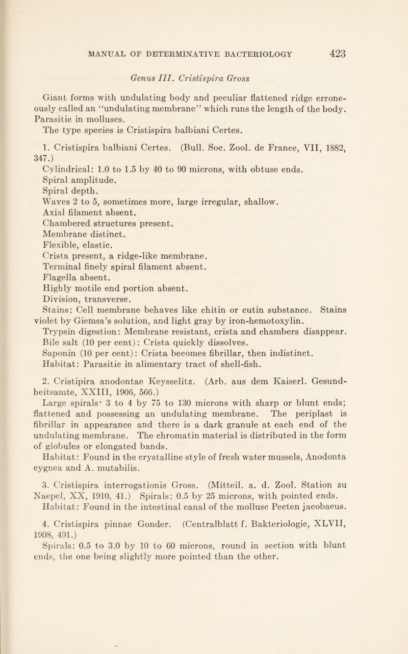 Genus III. Cristispira Gross Giant forms with undulating body and peculiar flattened ridge errone¬ ously called an ‘‘undulating membrane’’ which runs the length of the body. Parasitic in molluscs. The type species is Cristispira balbiani Certes. 1. Cristispira balbiani Certes. (Bull. Soc. Zool. de France, VII, 1882, 347.) Cylindrical: 1.0 to 1.5 by 40 to 90 microns, with obtuse ends. Spiral amplitude. Spiral depth. Waves 2 to 5, sometimes more, large irregular, shallow. Axial filament absent. Chambered structures present. Membrane distinct. Flexible, elastic. Crista present, a ridge-like membrane. Terminal finely spiral filament absent. Flagella absent. Highly motile end portion absent. Division, transverse. Stains: Cell membrane behaves like chitin or cutin substance. Stains violet by Giemsa’s solution, and light gray by iron-hemotoxylin. Trypsin digestion: Membrane resistant, crista and chambers disappear. Bile salt (10 per cent): Crista quickly dissolves. Saponin (10 per cent): Crista becomes fibrillar, then indistinct. Habitat: Parasitic in alimentary tract of shell-fish. 2. Cristipira anodontae Iveysselitz. (Arb. aus dem Ivaiserl. Gesund- heitsamte, XXIII, 1906, 566.) Large spirals* 3 to 4 by 75 to 130 microns with sharp or blunt ends; flattened and possessing an undulating membrane. The periplast is fibrillar in appearance and there is a dark granule at each end of the undulating membrane. The chromatin material is distributed in the form of globules or elongated bands. Habitat: Found in the crystalline style of fresh water mussels, Anodonta cygnea and A. mutabilis. 3. Cristispira interrogations Gross. (Mitteil. a. d. Zool. Station zu Naepel, XX, 1910, 41.) Spirals: 0.5 by 25 microns, with pointed ends. Habitat: Found in the intestinal canal of the mollusc Pecten jacobaeus. 4. Cristispira pinnae Gonder. (Centralblatt f. Bakteriologie, XLVII, 1908, 491.) Spirals: 0.5 to 3.0 by 10 to 60 microns, round in section with blunt ends, the one being slightly more pointed than the other.