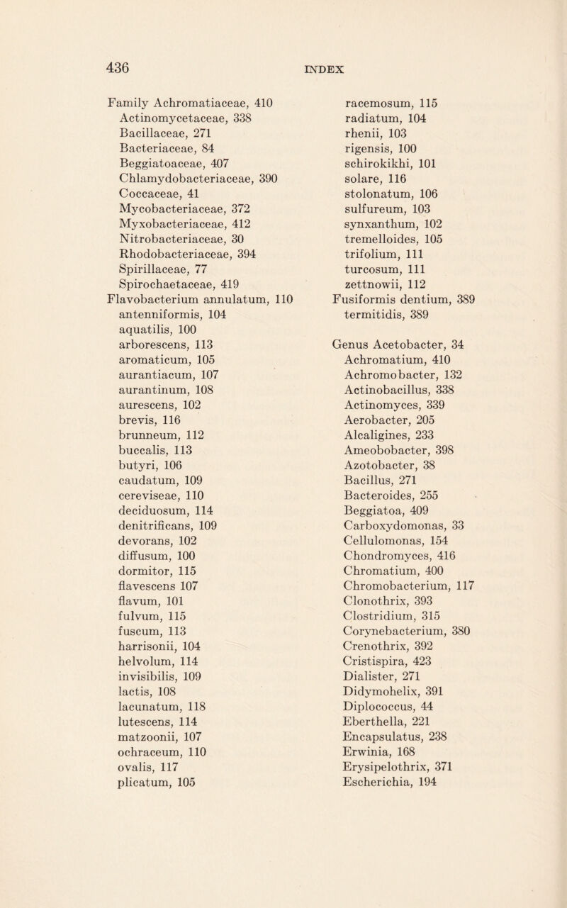 Family Achromatiaceae, 410 Actinomycetaceae, 338 Bacillaceae, 271 Bacteriaceae, 84 Beggiatoaceae, 407 Chlamydobacteriaceae, 390 Coccaceae, 41 Mycobacteriaceae, 372 Myxobacteriaceae, 412 Nitrobacteriaceae, 30 Rhodobacteriaceae, 394 Spirillaceae, 77 Spirochaetaceae, 419 Flavobacterium annulatum, 110 antenniformis, 104 aquatilis, 100 arborescens, 113 aromaticum, 105 aurantiacum, 107 aurantinum, 108 aurescens, 102 brevis, 116 brunneum, 112 buccalis, 113 butyri, 106 caudatum, 109 cereviseae, 110 deciduosum, 114 denitrificans, 109 devorans, 102 diffusum, 100 dormitor, 115 flavescens 107 flavum, 101 fulvum, 115 fuscum, 113 harrisonii, 104 helvolum, 114 invisibilis, 109 lactis, 108 lacunatum, 118 lutescens, 114 matzoonii, 107 ochraceum, 110 ovalis, 117 plicatum, 105 racemosum, 115 radiatum, 104 rhenii, 103 rigensis, 100 schirokikhi, 101 solare, 116 stolonatum, 106 sulfureum, 103 synxanthum, 102 tremelloides, 105 trifolium, 111 turcosum, 111 zettnowii, 112 Fusiformis dentium, 389 termitidis, 389 Genus Acetobacter, 34 Achromatium, 410 Achromobacter, 132 Actinobacillus, 338 Actinomyces, 339 Aerobacter, 205 Alcaligines, 233 Ameobobacter, 398 Azotobacter, 38 Bacillus, 271 Bacteroides, 255 Beggiatoa, 409 Carboxydomonas, 33 Cellulomonas, 154 Chondromyces, 416 Chromatium, 400 Chromobacterium, 117 Clonothrix, 393 Clostridium, 315 Corynebacterium, 380 Crenothrix, 392 Cristispira, 423 Dialister, 271 Didymohelix, 391 Diplococcus, 44 Eberthella, 221 Encapsulatus, 238 Erwinia, 168 Erysipelothrix, 371 Escherichia, 194