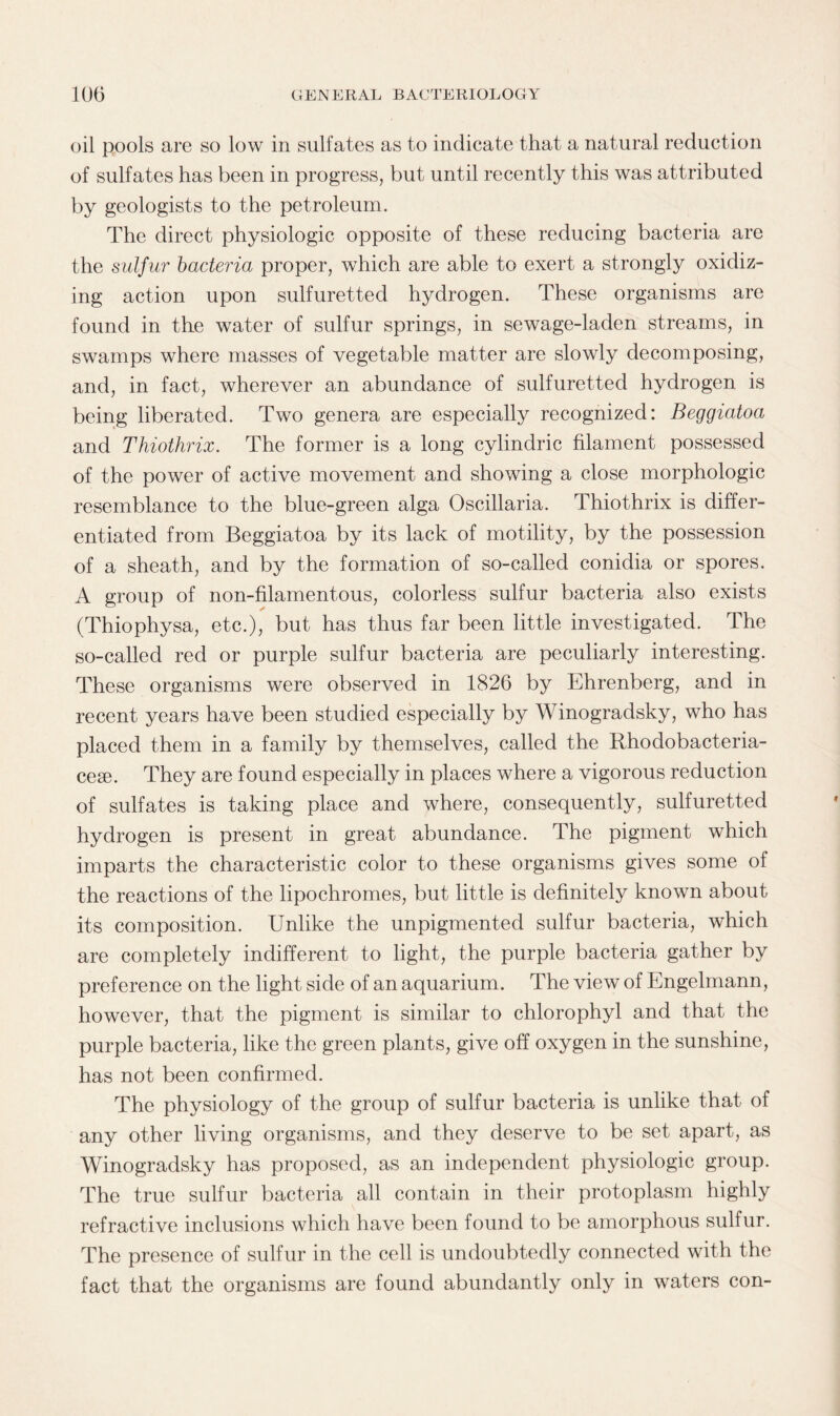 oil pools are so low in sulfates as to indicate that a natural reduction of sulfates has been in progress, but until recently this was attributed by geologists to the petroleum. The direct physiologic opposite of these reducing bacteria are the sulfur bacteria proper, which are able to exert a strongly oxidiz¬ ing action upon sulfuretted hydrogen. These organisms are found in the water of sulfur springs, in sewage-laden streams, in swamps where masses of vegetable matter are slowly decomposing, and, in fact, wherever an abundance of sulfuretted hydrogen is being liberated. Two genera are especially recognized: Beggiatoa and Thiothrix. The former is a long cylindric filament possessed of the power of active movement and showing a close morphologic resemblance to the blue-green alga Oscillaria. Thiothrix is differ¬ entiated from Beggiatoa by its lack of motility, by the possession of a sheath, and by the formation of so-called conidia or spores. A group of non-filamentous, colorless sulfur bacteria also exists (Thiophysa, etc.), but has thus far been little investigated. The so-called red or purple sulfur bacteria are peculiarly interesting. These organisms were observed in 1826 by Ehrenberg, and in recent years have been studied especially by Winogradsky, who has placed them in a family by themselves, called the Rhodobacteria- cese. They are found especially in places where a vigorous reduction of sulfates is taking place and where, consequently, sulfuretted hydrogen is present in great abundance. The pigment which imparts the characteristic color to these organisms gives some of the reactions of the lipochromes, but little is definitely known about its composition. Unlike the unpigmented sulfur bacteria, which are completely indifferent to light, the purple bacteria gather by preference on the light side of an aquarium. The view of Engelmann, however, that the pigment is similar to chlorophyl and that the purple bacteria, like the green plants, give off oxygen in the sunshine, has not been confirmed. The physiology of the group of sulfur bacteria is unlike that of any other living organisms, and they deserve to be set apart, as Winogradsky has proposed, as an independent physiologic group. The true sulfur bacteria all contain in their protoplasm highly refractive inclusions which have been found to be amorphous sulfur. The presence of sulfur in the cell is undoubtedly connected with the fact that the organisms are found abundantly only in waters con-