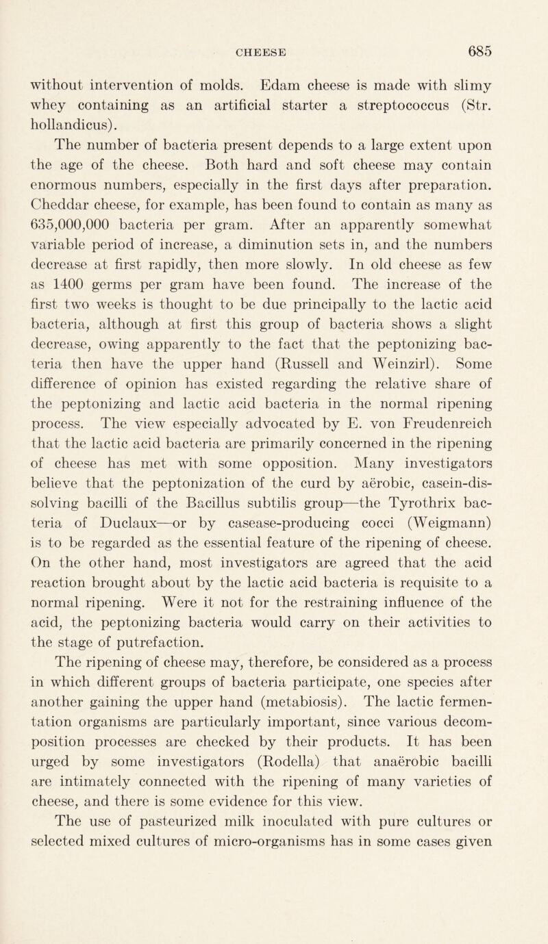 without intervention of molds. Edam cheese is made with slimy whey containing as an artificial starter a streptococcus (Str. hollandicus). The number of bacteria present depends to a large extent upon the age of the cheese. Both hard and soft cheese may contain enormous numbers, especially in the first days after preparation. Cheddar cheese, for example, has been found to contain as many as 635,000,000 bacteria per gram. After an apparently somewhat variable period of increase, a diminution sets in, and the numbers decrease at first rapidly, then more slowly. In old cheese as few as 1400 germs per gram have been found. The increase of the first two weeks is thought to be due principally to the lactic acid bacteria, although at first this group of bacteria shows a slight decrease, owing apparently to the fact that the peptonizing bac¬ teria then have the upper hand (Russell and Weinzirl). Some difference of opinion has existed regarding the relative share of the peptonizing and lactic acid bacteria in the normal ripening process. The view especially advocated by E. von Freudenreich that the lactic acid bacteria are primarily concerned in the ripening of cheese has met with some opposition. Many investigators believe that the peptonization of the curd by aerobic, casein-dis¬ solving bacilli of the Bacillus subtilis group—the Tyrothrix bac¬ teria of Duclaux—or by casease-producing cocci (Weigmann) is to be regarded as the essential feature of the ripening of cheese. On the other hand, most investigators are agreed that the acid reaction brought about by the lactic acid bacteria is requisite to a normal ripening. Were it not for the restraining influence of the acid, the peptonizing bacteria would carry on their activities to the stage of putrefaction. The ripening of cheese may, therefore, be considered as a process in which different groups of bacteria participate, one species after another gaining the upper hand (metabiosis). The lactic fermen¬ tation organisms are particularly important, since various decom¬ position processes are checked by their products. It has been urged by some investigators (Rodella) that anaerobic bacilli are intimately connected with the ripening of many varieties of cheese, and there is some evidence for this view. The use of pasteurized milk inoculated with pure cultures or selected mixed cultures of micro-organisms has in some cases given