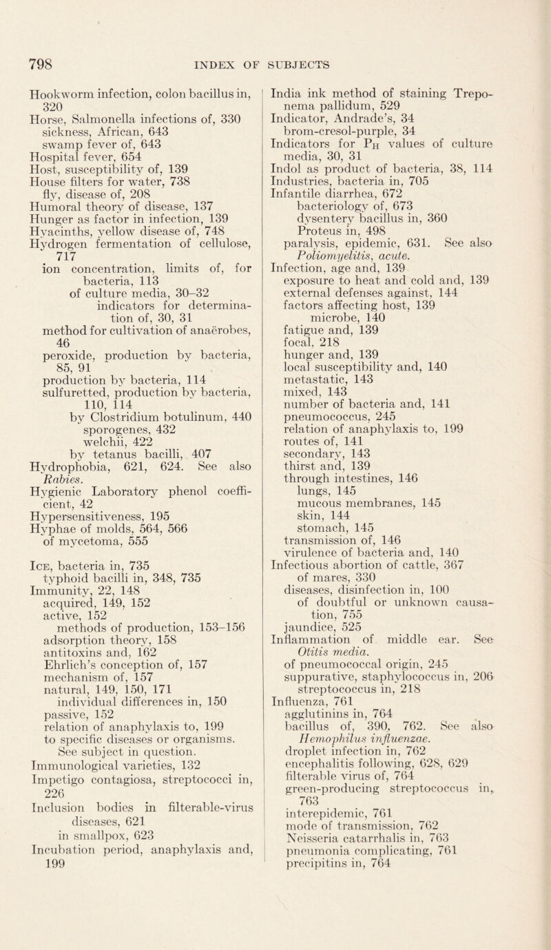 Hookworm infection, colon bacillus in, 320 Horse, Salmonella infections of, 330 sickness, African, 643 swamp fever of, 643 Hospital fever, 654 Host, susceptibility of, 139 House filters for water, 738 fly, disease of, 208 Humoral theory of disease, 137 Hunger as factor in infection, 139 Hyacinths, yellow disease of, 748 Hydrogen fermentation of cellulose, 717 ion concentration, limits of, for bacteria, 113 of culture media, 30-32 indicators for determina¬ tion of, 30, 31 method for cultivation of anaerobes, 46 peroxide, production by bacteria, 85, 91 production by bacteria, 114 sulfuretted, production bv bacteria, 110, 114 by Clostridium botulinum, 440 sporogenes, 432 welchii, 422 by tetanus bacilli, 407 Hydrophobia, 621, 624. See also Rabies. Hygienic Laboratory phenol coeffi¬ cient, 42 Hjrpersensitiveness, 195 Hj^phae of molds, 564, 566 of mycetoma, 555 Ice, bacteria in, 735 typhoid bacilli in, 348, 735 Immunity, 22, 148 acquired, 149, 152 active, 152 methods of production, 153-156 adsorption theory, 158 antitoxins and, 162 Ehrlich’s conception of, 157 mechanism of, 157 natural, 149, 150, 171 individual differences in, 150 passive, 152 relation of anaphylaxis to, 199 to specific diseases or organisms. See subject in question. Immunological varieties, 132 Impetigo contagiosa, streptococci in, 226 Inclusion bodies in filterable-virus diseases, 621 in smallpox, 623 Incubation period, anaphylaxis and, 199 India ink method of staining Trepo¬ nema pallidum, 529 Indicator, Andrade’s, 34 brom-cresol-purple, 34 Indicators for PH values of culture media, 30, 31 Indol as product of bacteria, 38, 114 Industries, bacteria in, 705 Infantile diarrhea, 672 bacteriology of, 673 dysentery bacillus in, 360 Proteus in, 498 paralysis, epidemic, 631. See also Poliomyelitis, acute. Infection, age and, 139 exposure to heat and cold and, 139 external defenses against, 144 factors affecting host, 139 microbe, 140 fatigue and, 139 focal, 218 hunger and, 139 local susceptibility and, 140 metastatic, 143 mixed, 143 number of bacteria and, 141 pneumococcus, 245 relation of anaphylaxis to, 199 routes of, 141 secondary, 143 thirst and, 139 through intestines, 146 lungs, 145 mucous membranes, 145 skin, 144 stomach, 145 transmission of, 146 virulence of bacteria and, 140 Infectious abortion of cattle, 367 of mares, 330 diseases, disinfection in, 100 of doubtful or unknown causa¬ tion, 755 jaundice, 525 Inflammation of middle ear. See Otitis media. of pneumococcal origin, 245 suppurative, staphylococcus in, 206 streptococcus in, 218 Influenza, 761 agglutinins in, 764 bacillus of, 390., 762. See also Hemophilus influenzae. droplet infection in, 762 encephalitis following, 628, 629 filterable virus of, 764 green-producing streptococcus in,, 763 interepidemic, 761 mode of transmission, 762 Neisseria catarrhalis in, 763 pneumonia complicating, 761 precipitins in, 764